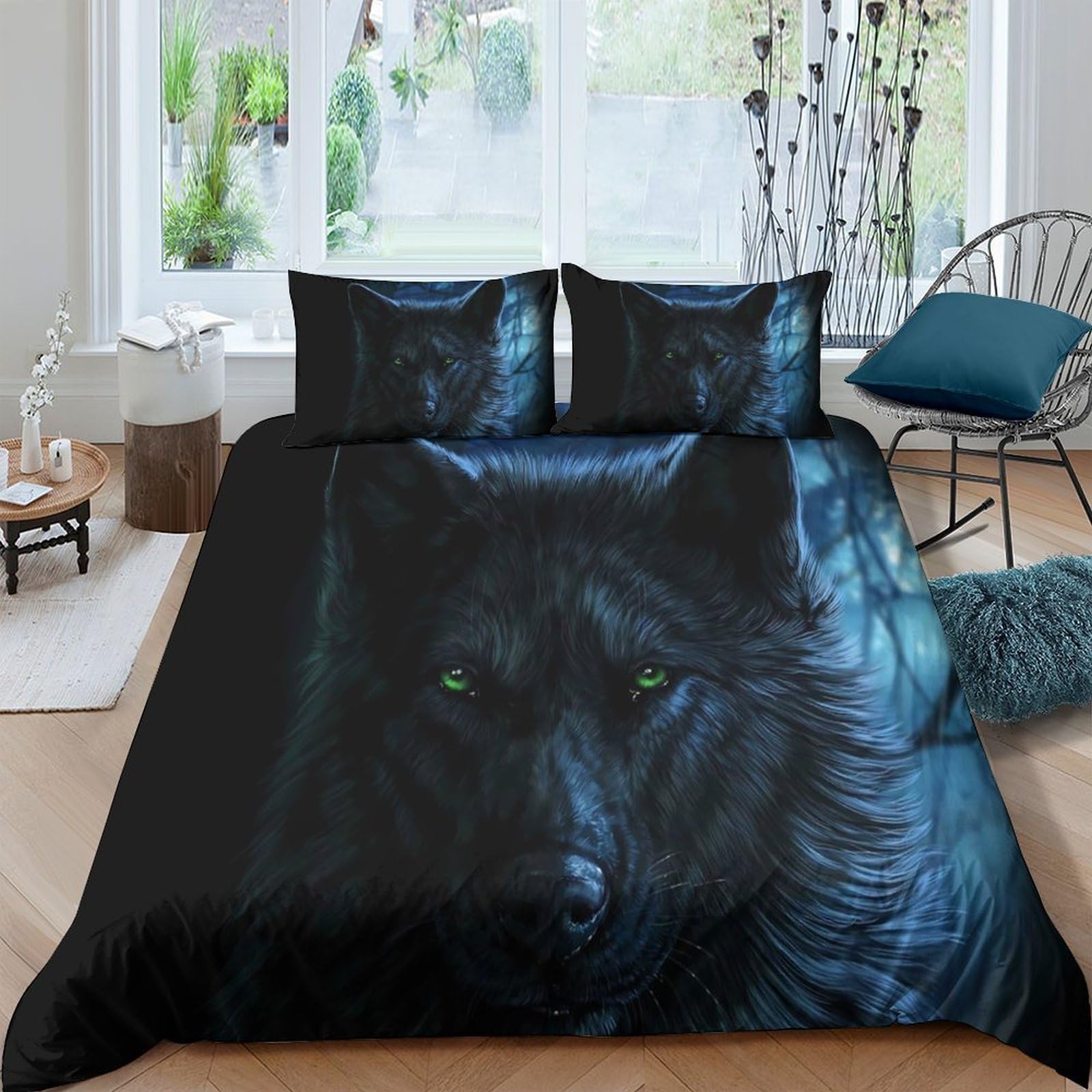 Housse de couette loup noir 140x200 en microfibre avec taie d'oreiller lit simple