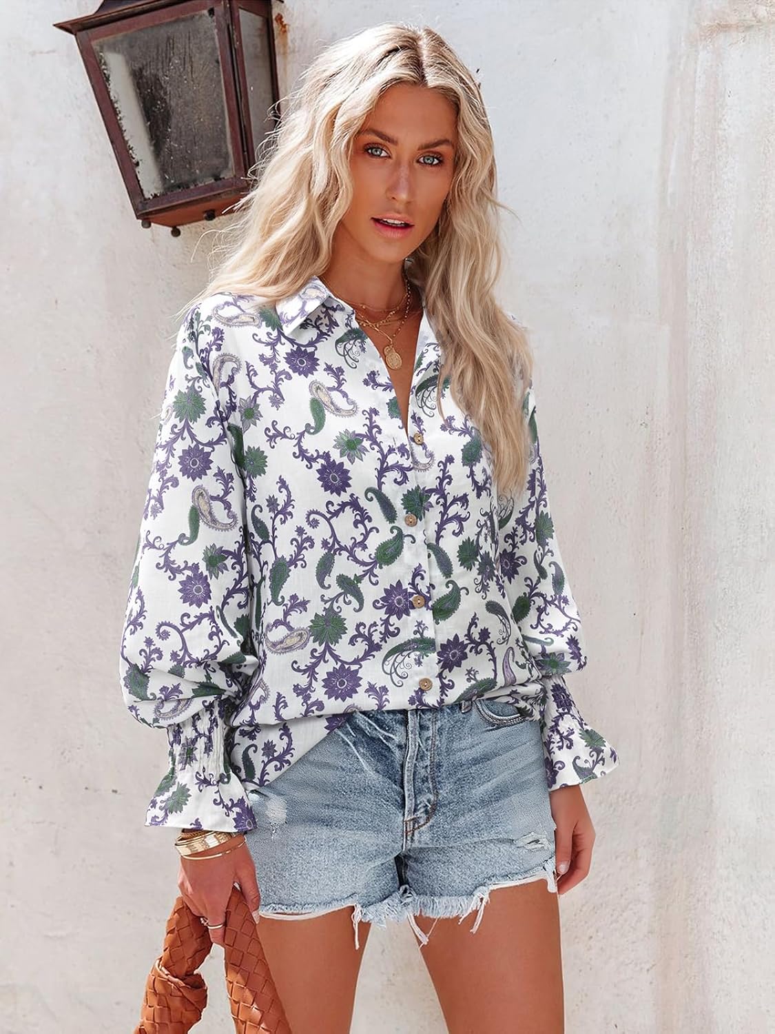 Linen Shirts for Women Button Down Shirt Summer V Neck Collared Long Sleeve Smocked Cuffed Floral Casual Cute Blouse Top - Image 3