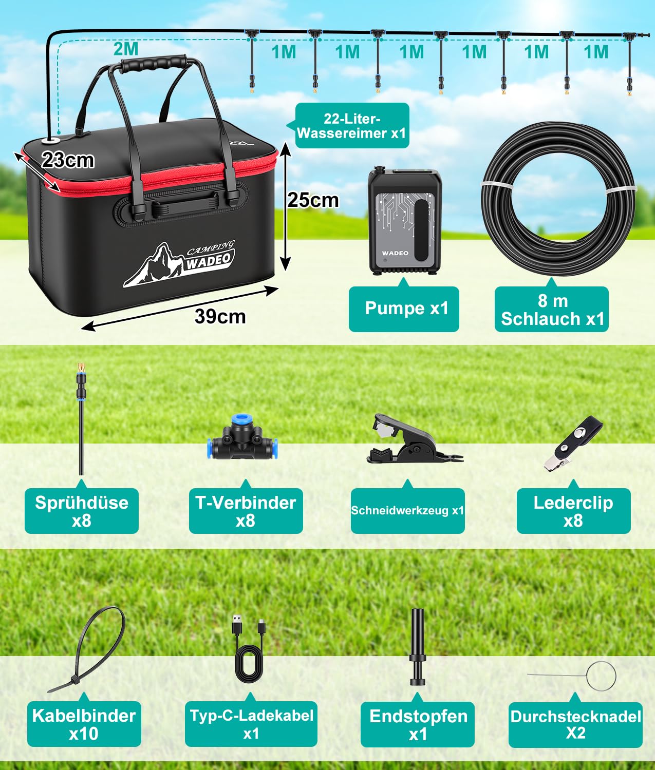 WADEO Sprühnebel Kühlung Nebelkühlsystem mit 6000-mAh-Pumpe, 22-Liter-Wassereimer, 8 m Schlauch, 8 Messingdüsen, 8 Klammern und 10 Krawatten für Terrasse, Garten, Rasen