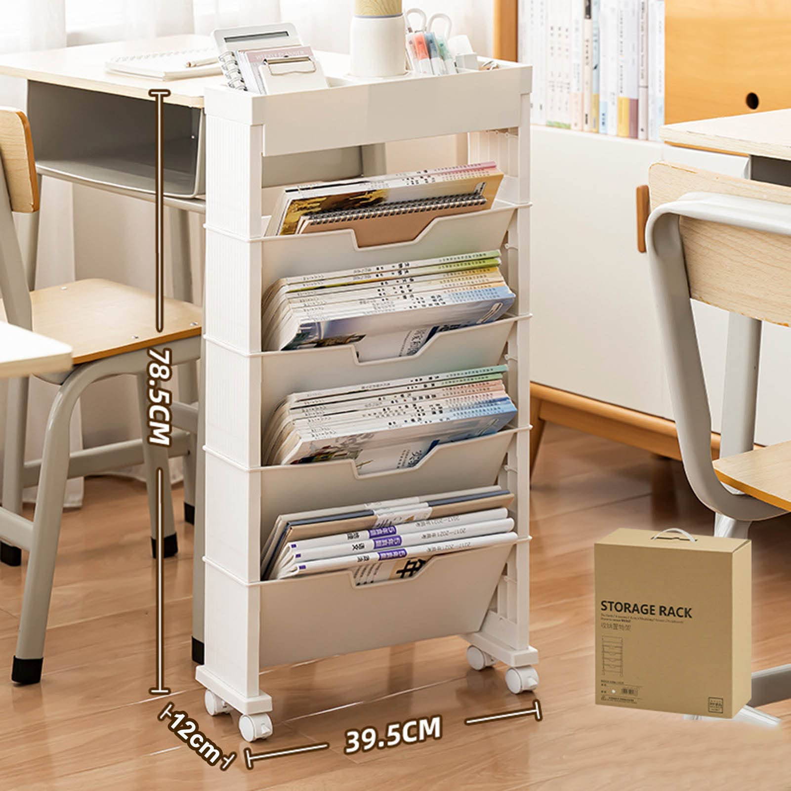 DADEA Carrito de Libros Móvil de 4 Niveles, Estante de Almacenamiento de Libros con Ruedas, Carrito Organizador de Carpetas de Archivos Móvil con Ruedas, Estantería Móvil Portátil Ideal(Beige)