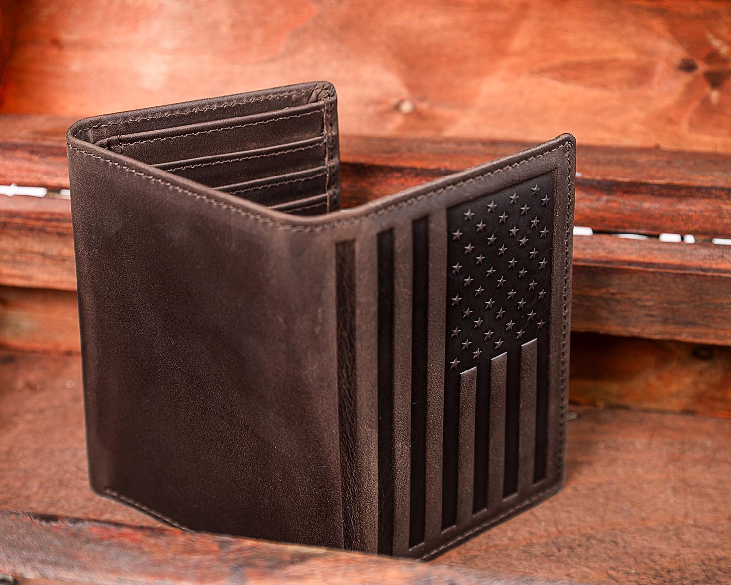 DK86 US Flag Trifold Wallets for Men American Flag Wallet Full Grain Leather Tri-Fold Wallet RFID Blocking (vintage coffee with us flag)