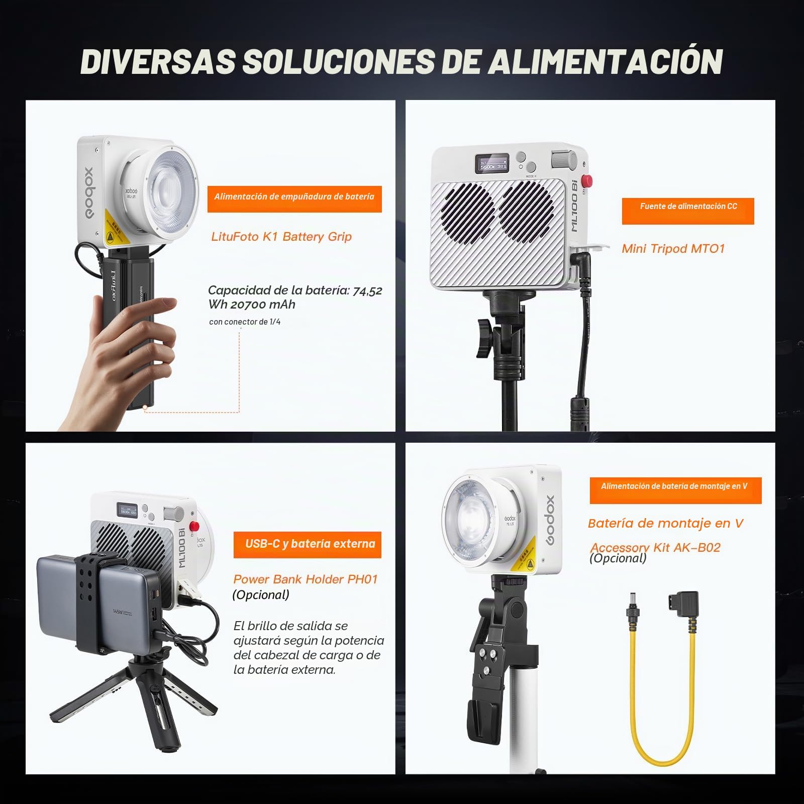 GODOX ML100Bi - Luz de vídeo LED portátil con Mango estabilizador y Mango portátil, ML100Bi Bi-Color Continuous Light