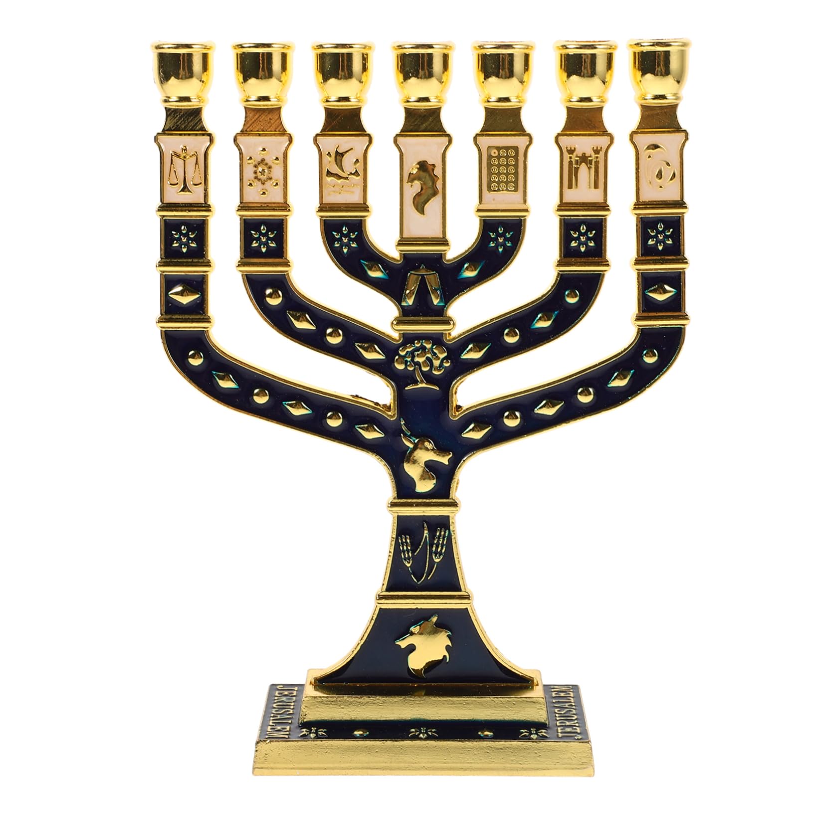 GARVALON Candeliere Ebraico da Tavolo in Lega di Alluminio Blu Design a 7 Bracci Elegante per Cerimonie Religiose e Decorazione della Tavola in Ambito Familiare