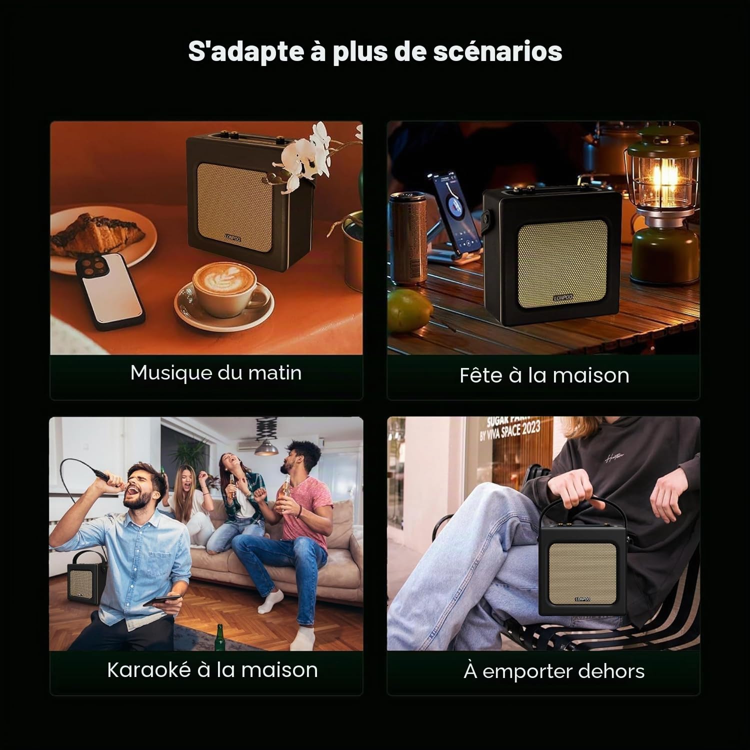 LONPOO Enceinte Bluetooth rétro Aspect Cuir avec Batterie, 20 W, Lecteur USB, entrée auxiliaire, Prise Microphone 6,5 mm, Charge de Type C, Micro Chaîne HiFi stéréo