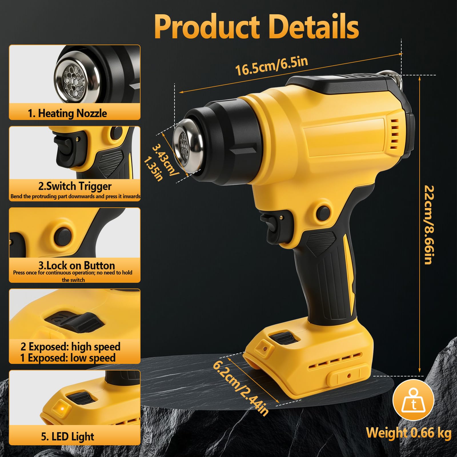 Pistola de calor inalámbrica compatible con Dewalt 18/20V con 4 boquillas, 1 raspador, pistola de calor de 300 W y 550 °C con pantalla LED para manualidades, tubos termorretráctiles, resina y