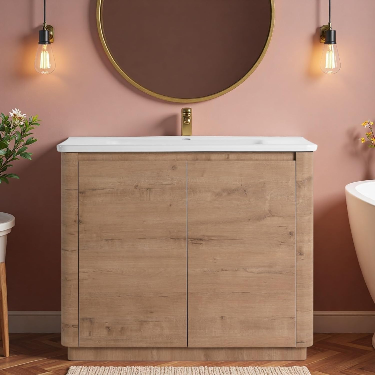 40" Bathroom Vanity with Ceramic Sink, Freestanding Bathroom Vanity with 2-Soft-Close Door, Soft-Closing Hinges & Hidden Handles for Home, Farmhouse, Easy to Clean Design, Imitative Oak