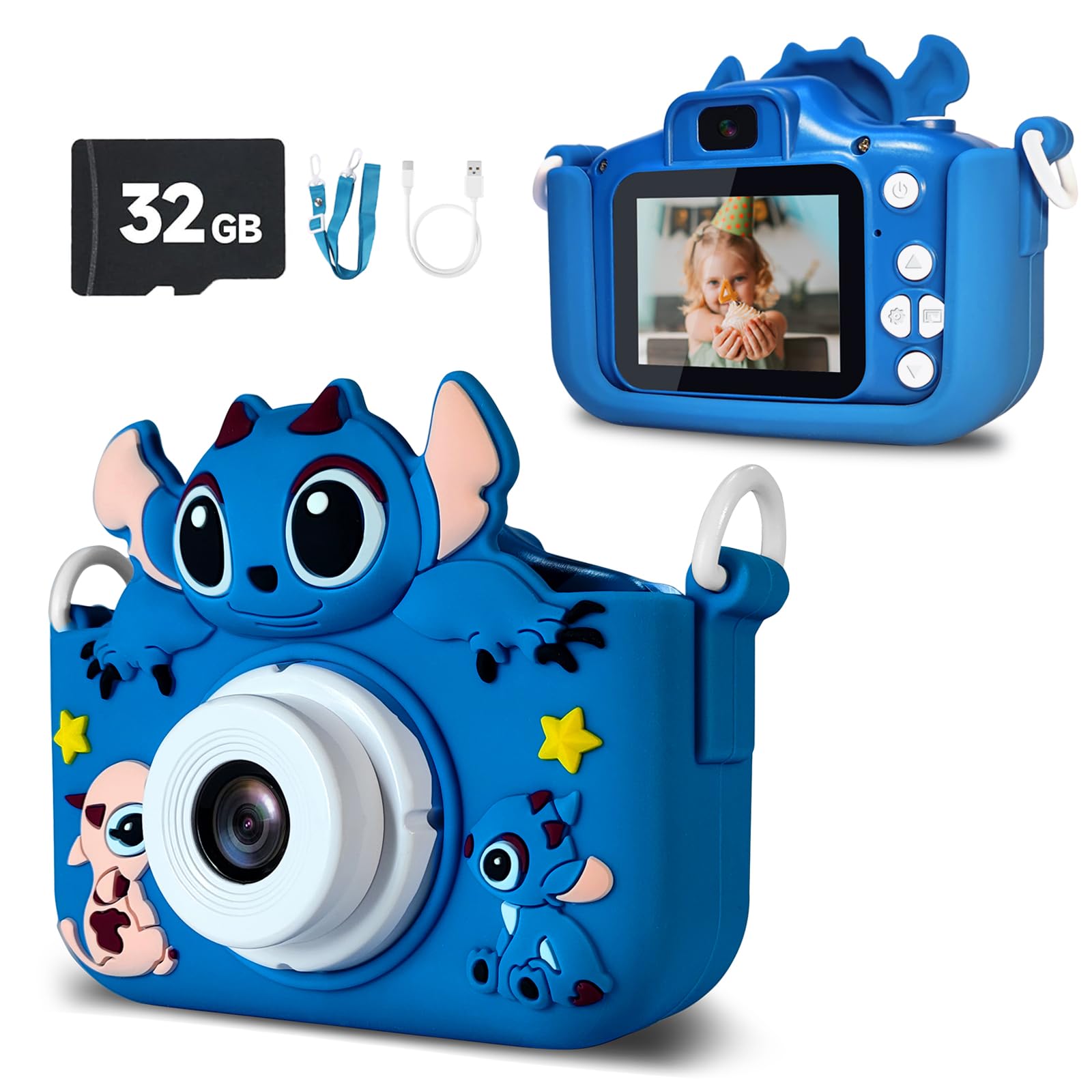 Kids Camera with 32GB SD Card - 1080P HD Digital Selfie Video Camera for Boys & Girls Ages 3 4 5 6 7+ Portable Toddler Toy with Cartoon Design,