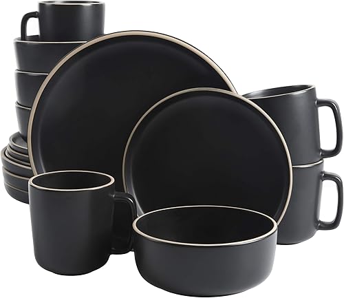 Gibson Home Zuma - Juego de vajilla redonda de 16 piezas, platos, cuencos, tazas, servicio para 4, cerámica mate, negro