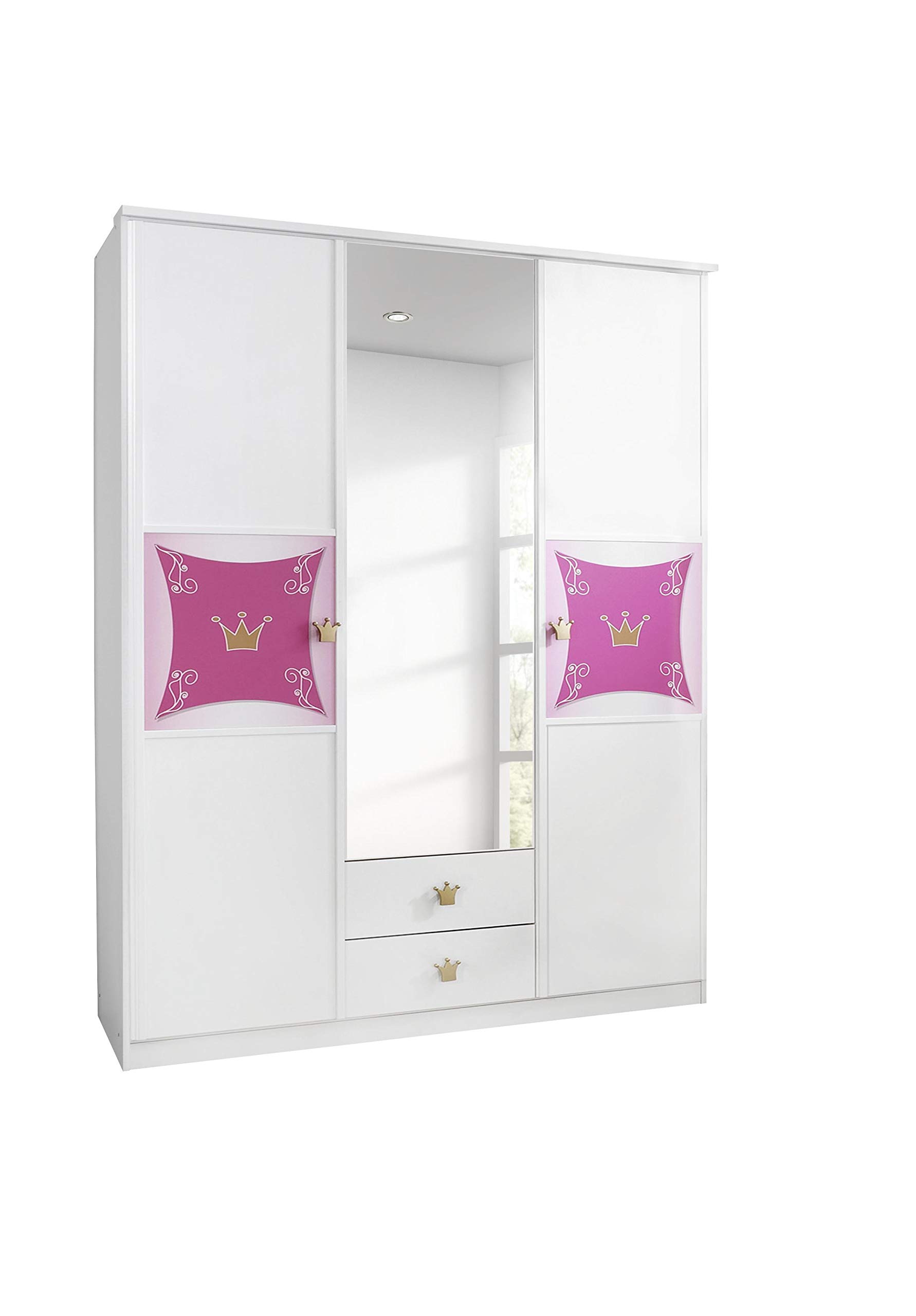 Rauch Möbel Kate Kinderzimmer Mädchenzimmer, Weiß/Motiv Prinzessin, Rosa, Gold, Set bestehend aus Kleiderschrank mit Spiegel, Bett, Schreibtisch- und Bettschrank, Gesamtmaße BxHxT 326x199x238 cm