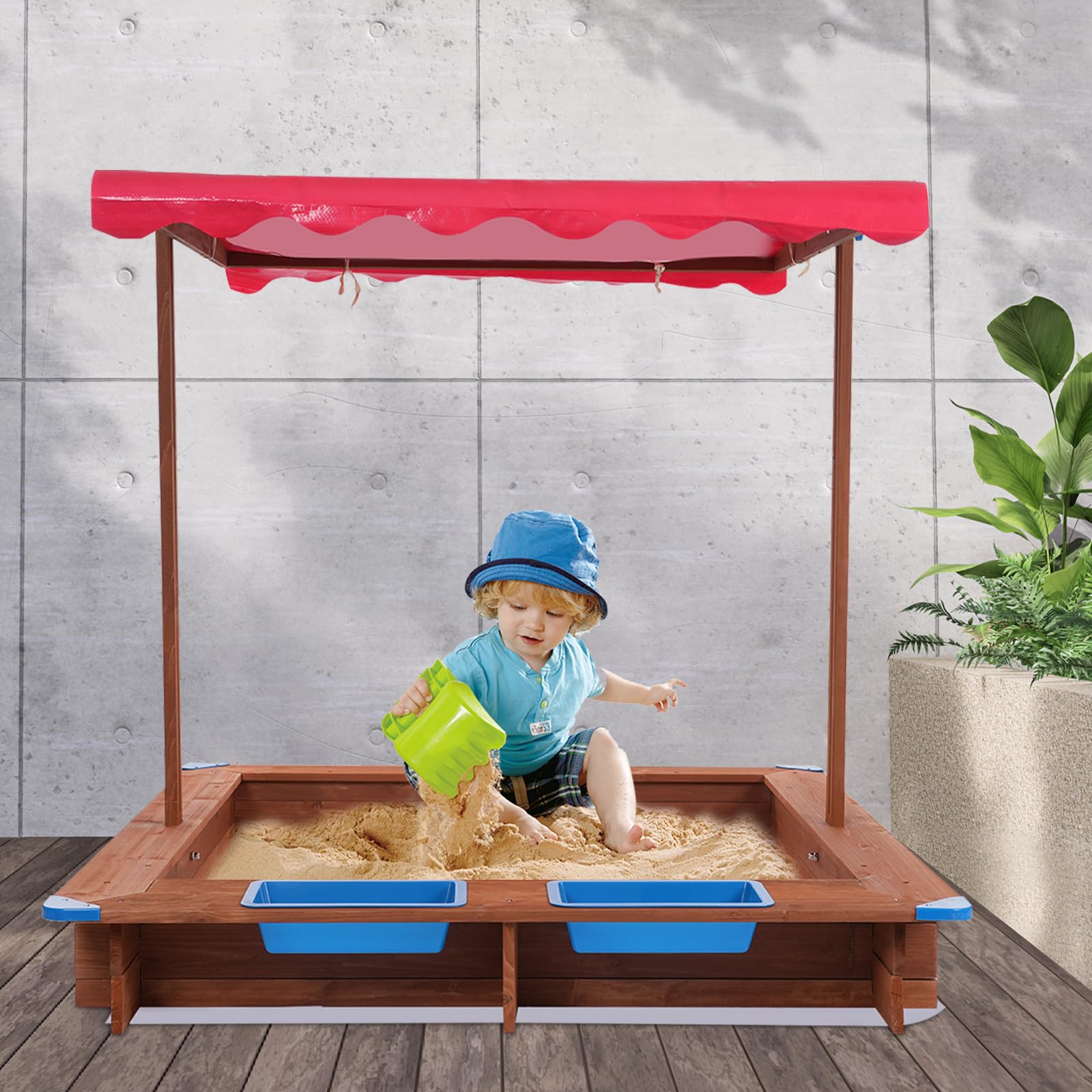 Sandkasten mit Dach 126x121x118cm Holzsandkasten mit Abdeckung & Matschküche für Kinder Sandkiste aus Holz mit praktischem Sitzflächenrand für Outdoor und Garten (Rot, Braun)