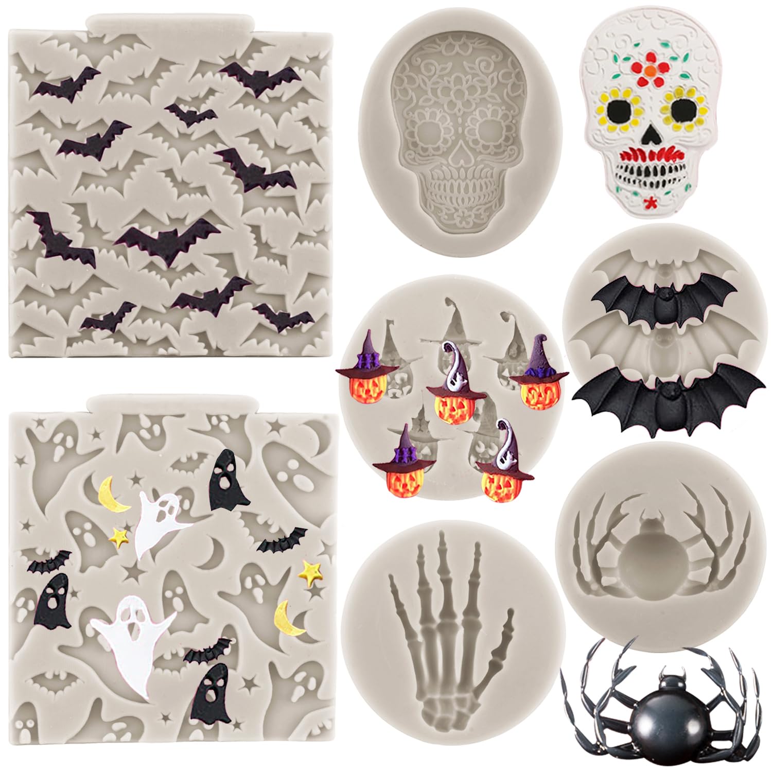 Halloween Silicone Mold 7-Pack - Pumpkin, Skull, Bat, Ghost & More For Chocolate, Candy & Cake Decorating