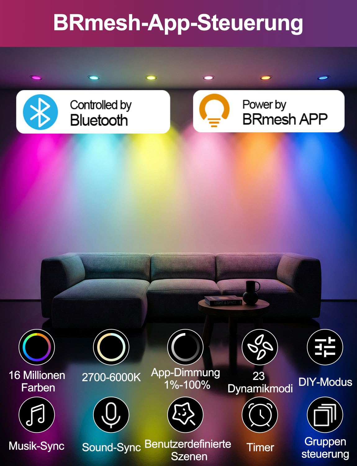 iLC LED Einbaustrahler 8W(ersetzt 60W), Ausschnitt 68-85mm, 16 Millionen Farben mit App-Steuerung, 800lm, 2700K-6000K+RGB, Bluetooth Rund Deckenspots IP44 für Wohnzimmer Schlafzimmer Küche (8er-Pack)