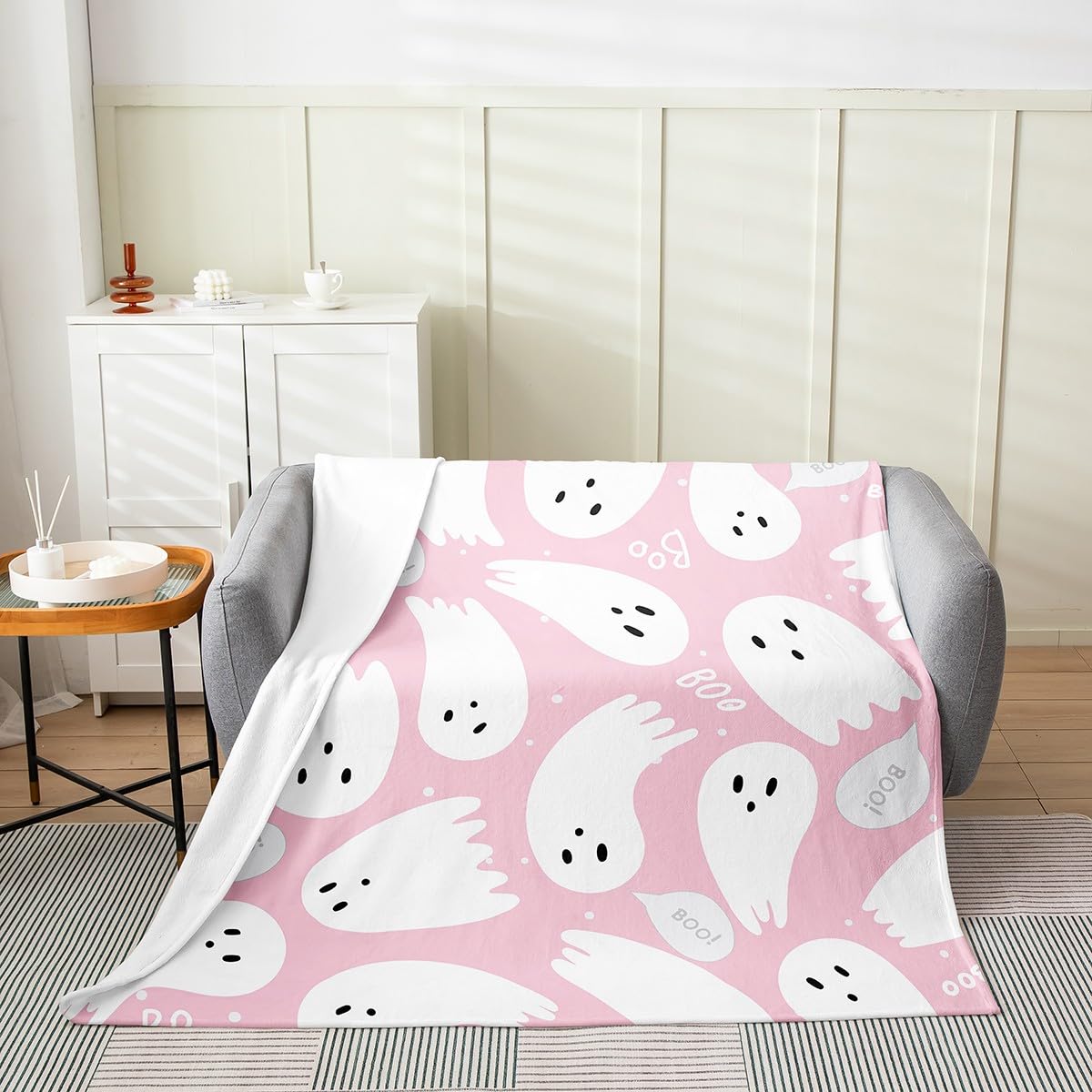 Jejeloiu Pink Halloween Ghost Fuzzy Blanket Twin 60