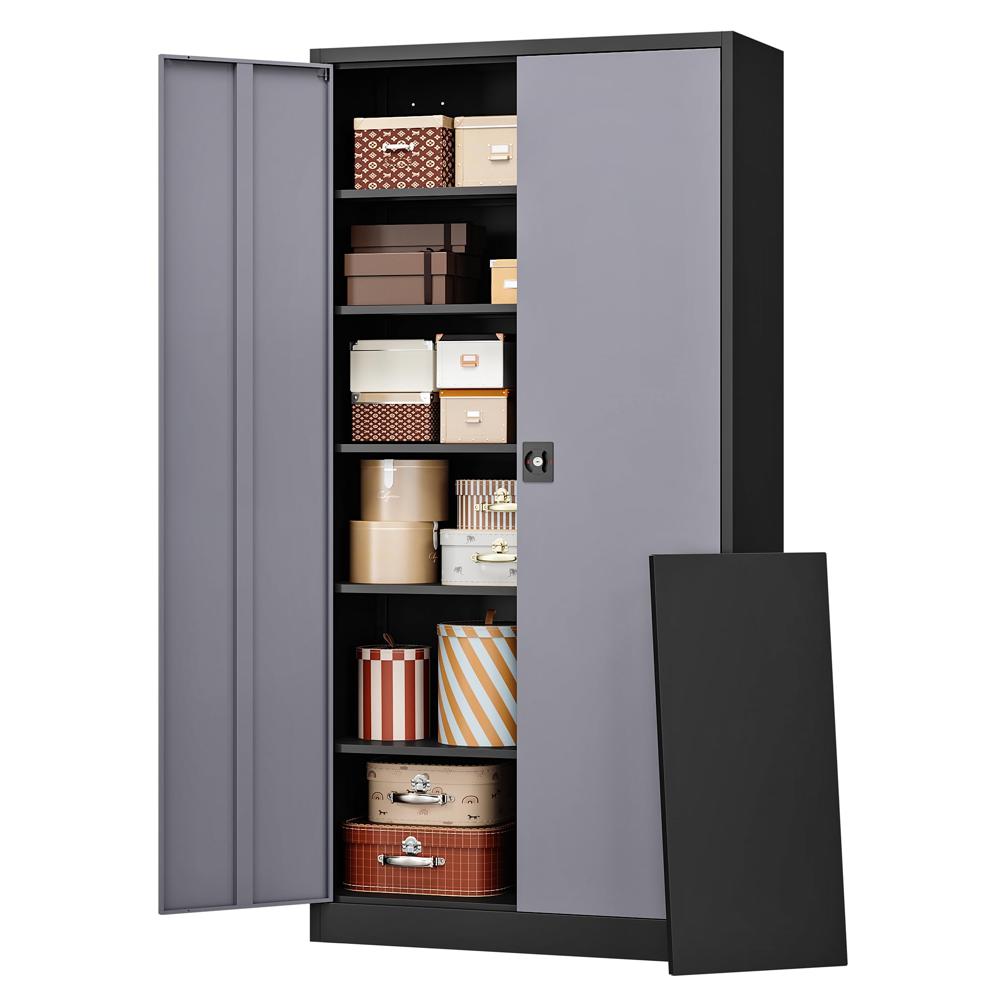 Metal Garage Storage Cabinet with Lock, 71" Locking Tool Cabinet with 2 Doors and 5 Adjustable Shelves, Tall Steel Cabinet Garage for Home,Office,Warehouse，School (Black Grey)