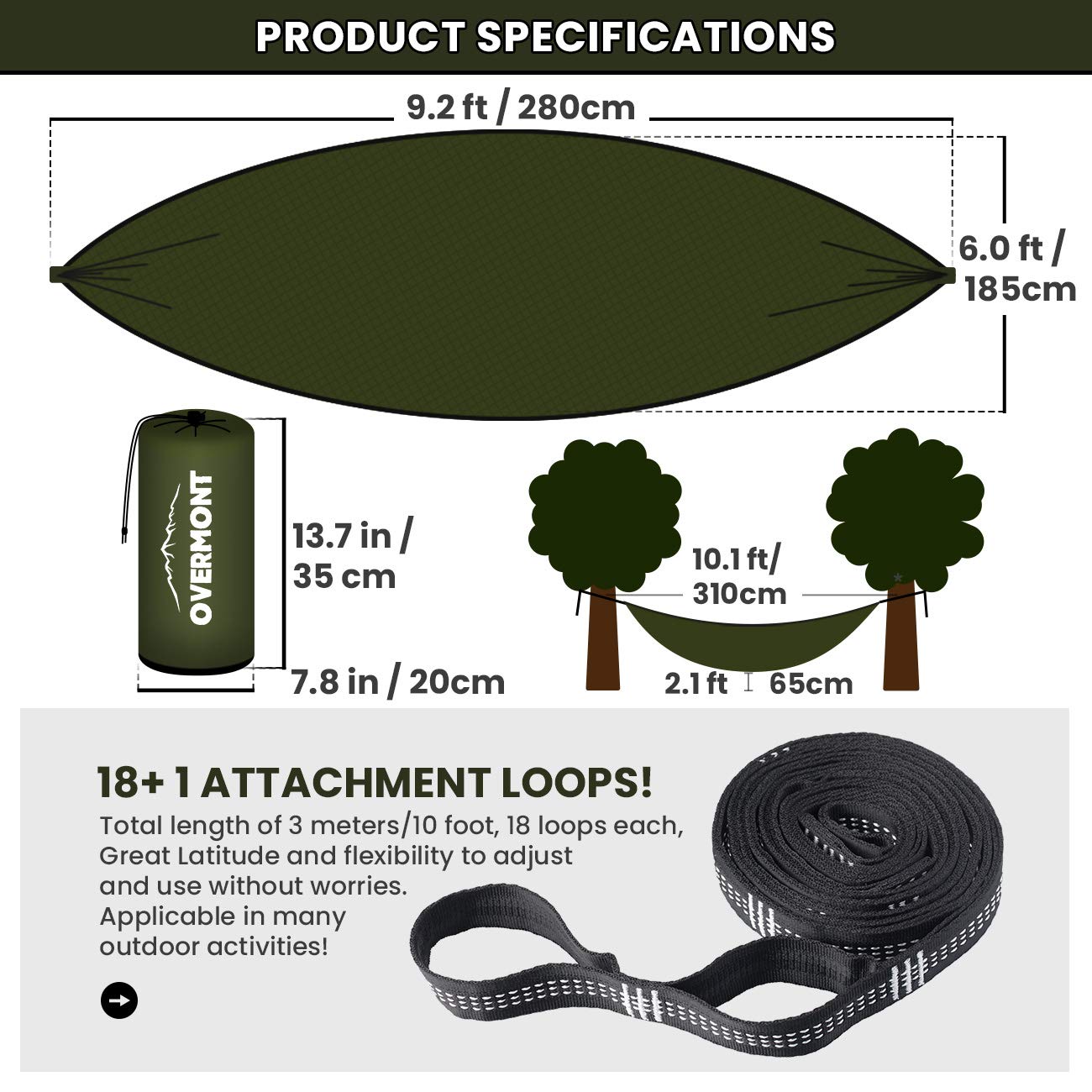 Overmont Hamak z moskitierą, dwuwarstwowy nylonowy spadochron, nośność 450 kg, certyfikat TÜV, 280 x 185 cm, na kemping, podróż, trekking, do ogrodu