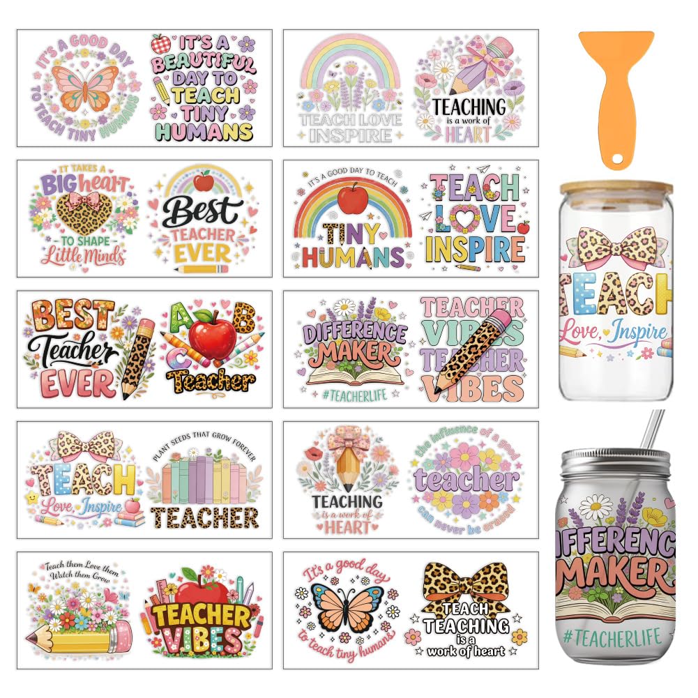 arricraft 10 Sheets Teacher's Day Theme UV DTF Cup Wrap for 16OZ Glass, Bohemian Style Happy Teacher's Day Rub on Decals PVC Transfer Stickers for DIY Cups Window Home Printing Decoration 24x11cm โ image 1
