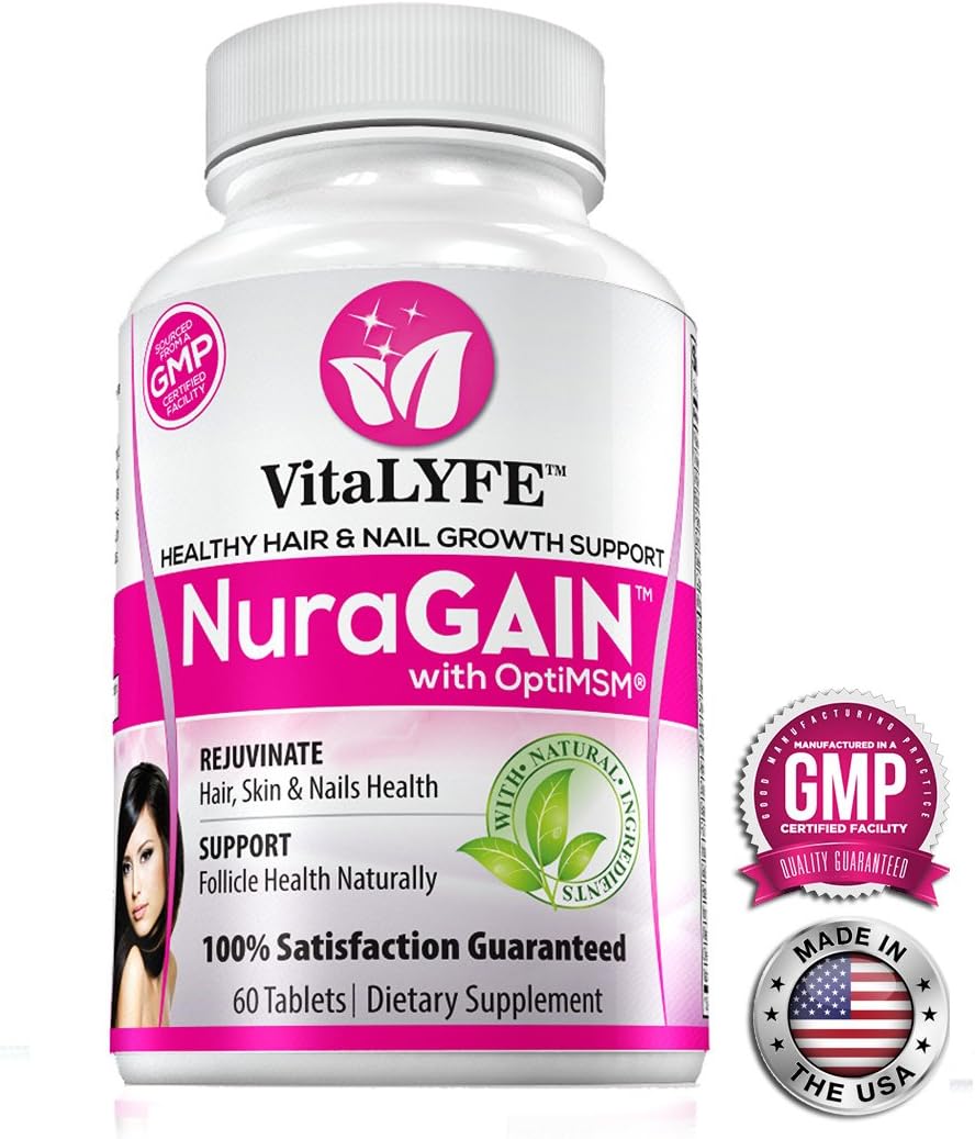 NuraGain 60s - New Advanced Hair, Skin + Nails Formula, Ramps & Stimulates Follicle Health, Helps Fights Hair Loss, with OptioMsm and 5000mcg Biotin, Made in USA, 1-month supply (60 Capsules)
