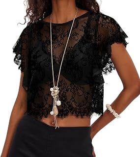 Women Lace Sheer Poncho Top Boho Ruffle Sleeve Flowy Shawl Blouses Cover Up