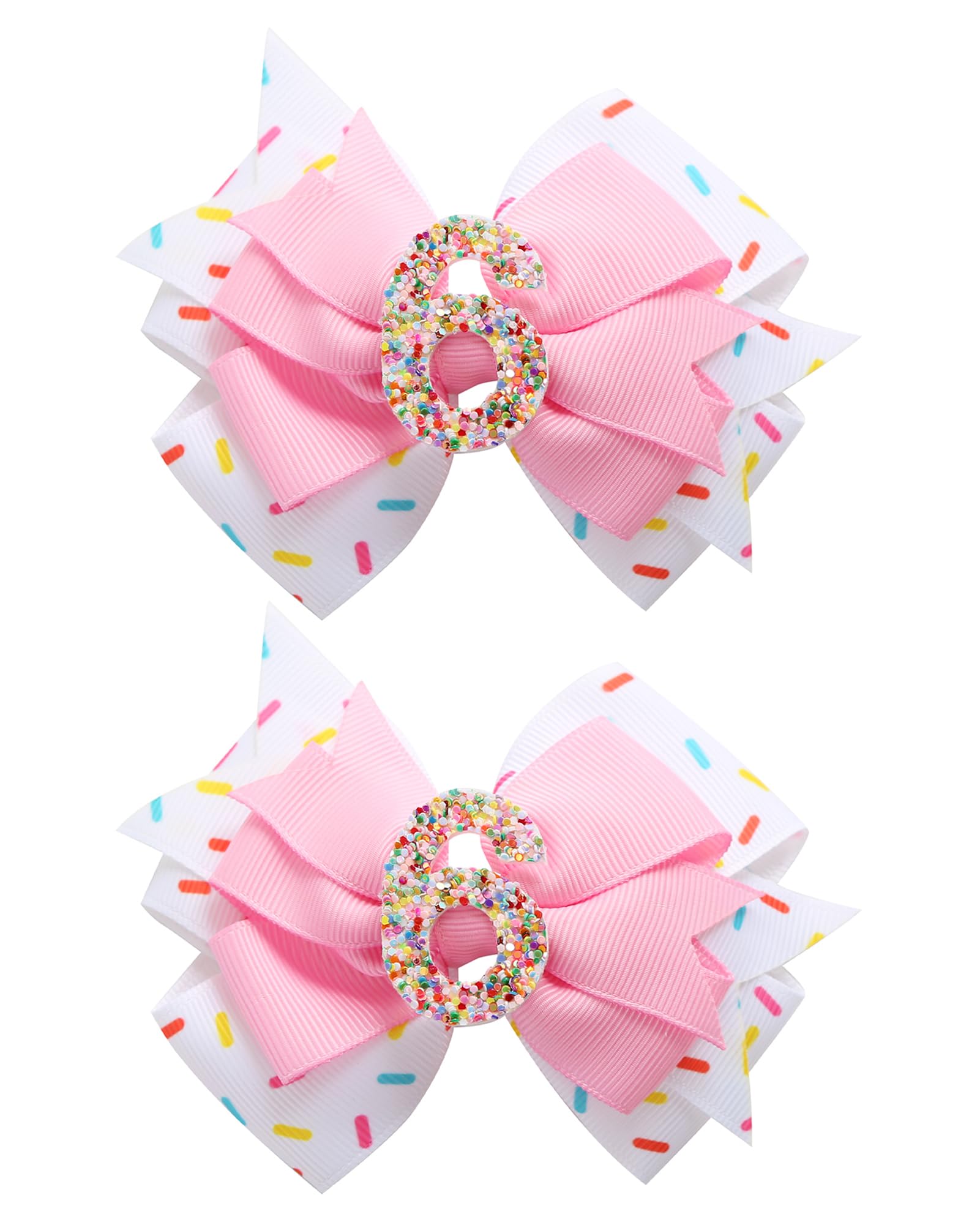 2Pcs Birthday Hair Bow for Baby Girls 2 3 4 5 6 7 Years Sprinkle Decorations Confetti Ice Cream Party Pink Pigtail Hair Accessories for Six 6th