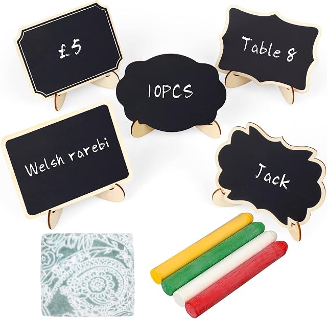 Mini Chalkboard Signs, 10 Pack Small Blackboard Vintage Chalk Board Signs, for Labelling Dishes, Table Numbers, Market stall(with Stands and Pens)