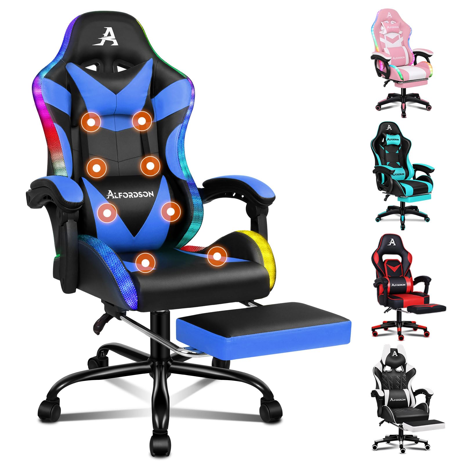 Silla de juegos de masaje, silla de gamer con LED, 150 ° de inclinación, silla ergonómica de piel sintética con reposapiés, altura regulable, 180 kg, color azul
