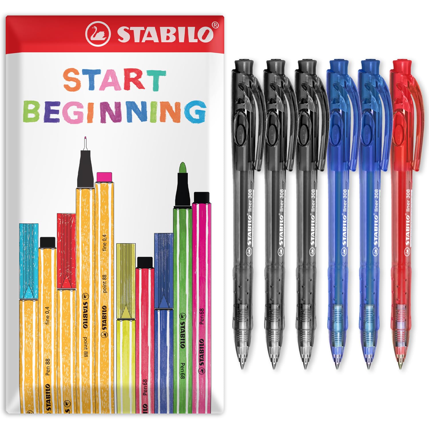 STABILO liner 308 - Retractable Ballpoint Pen - Fine 0.7mm Nib Pens - Envelope Gift Pack of 6 (Black, Blue, Red)