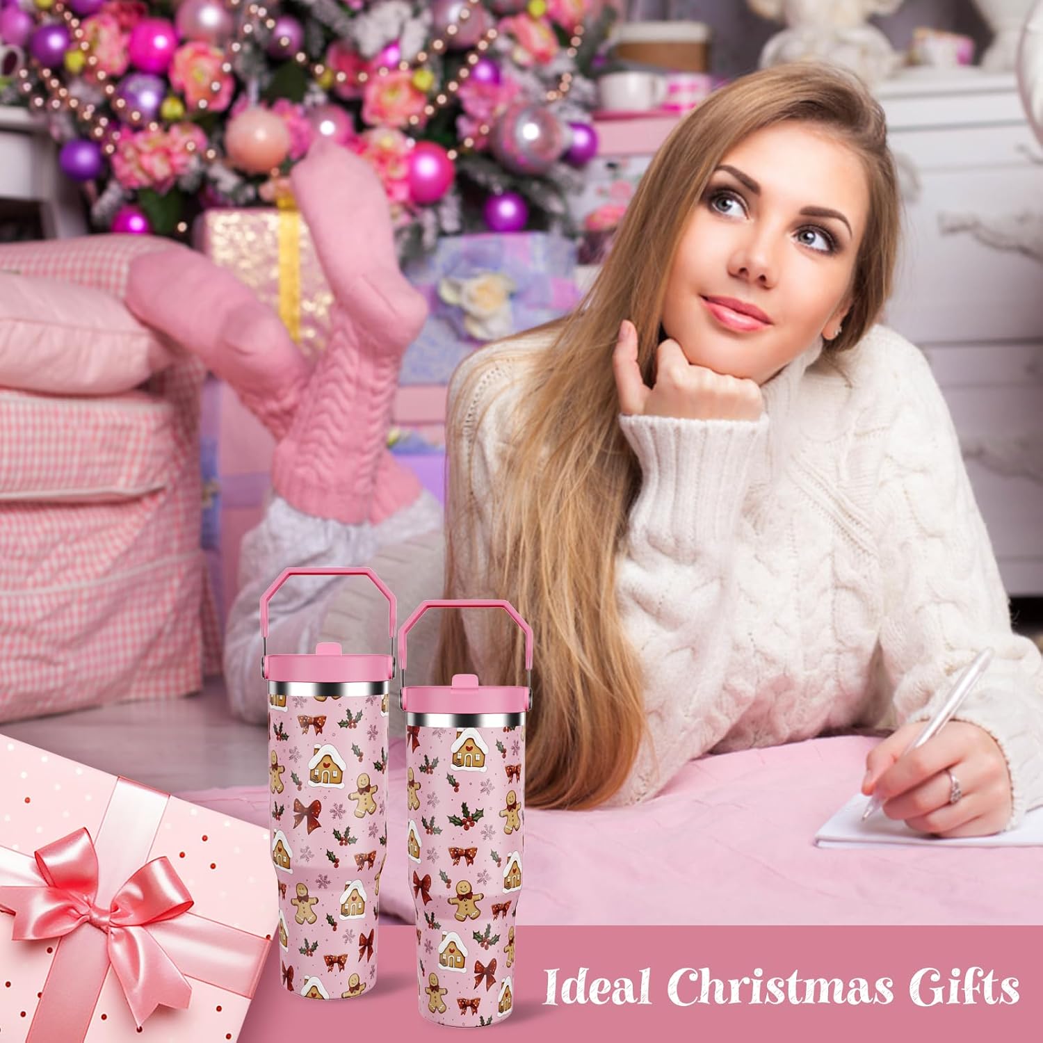 30 oz Christmas Tumbler with Lid and Straw, Gingerbread Tumbler Insulated Coffee Travel Mugs Cup Water Bottle Cute Christmas Gifts for Women Girls - Image 4