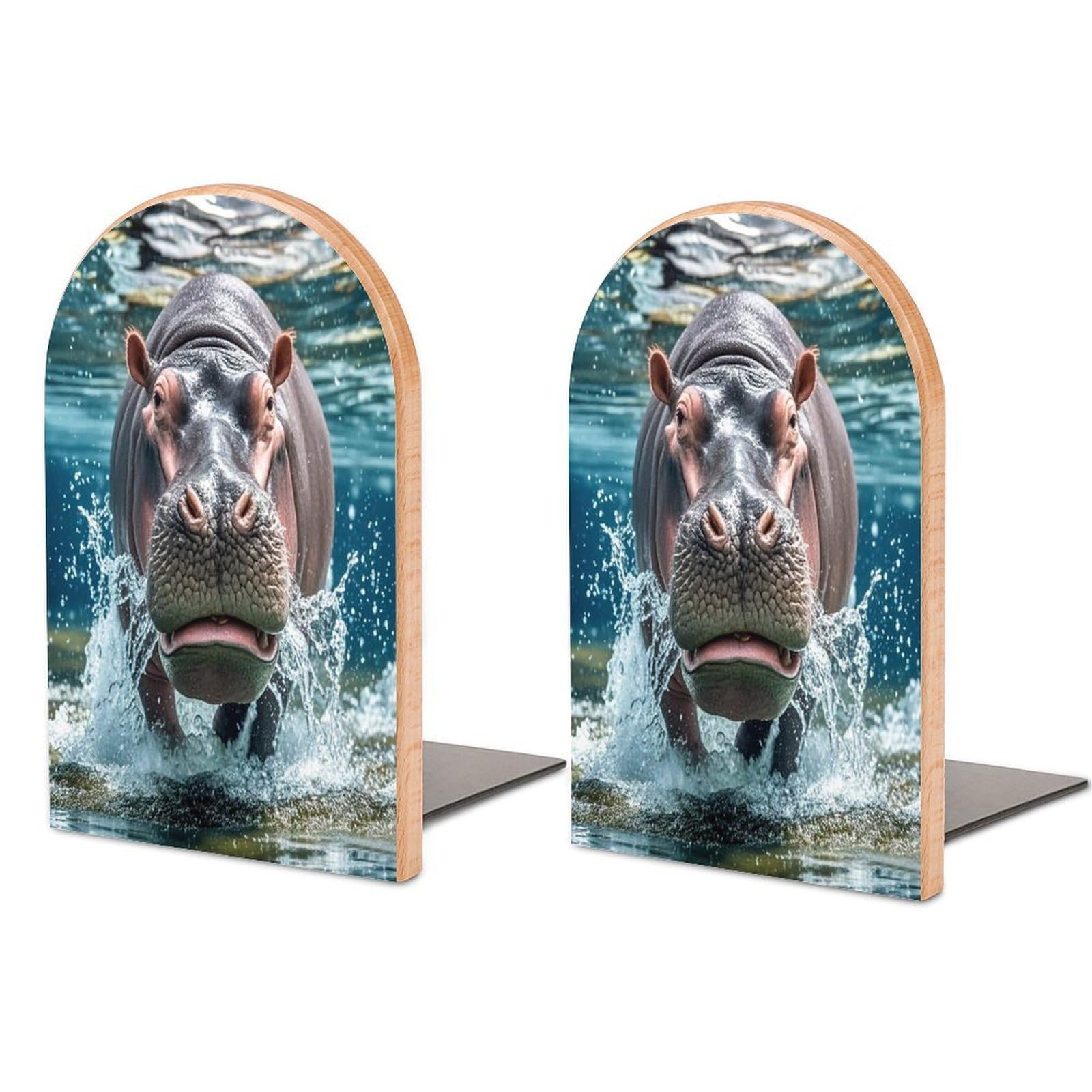 Diving Hippo Bookend Non-Skid Wooden Bookends for Shelves Heavy Duty Wood Book Ends Decorative Book Stopper Book Stand Non-Slip Book Organizer for Home Office Library