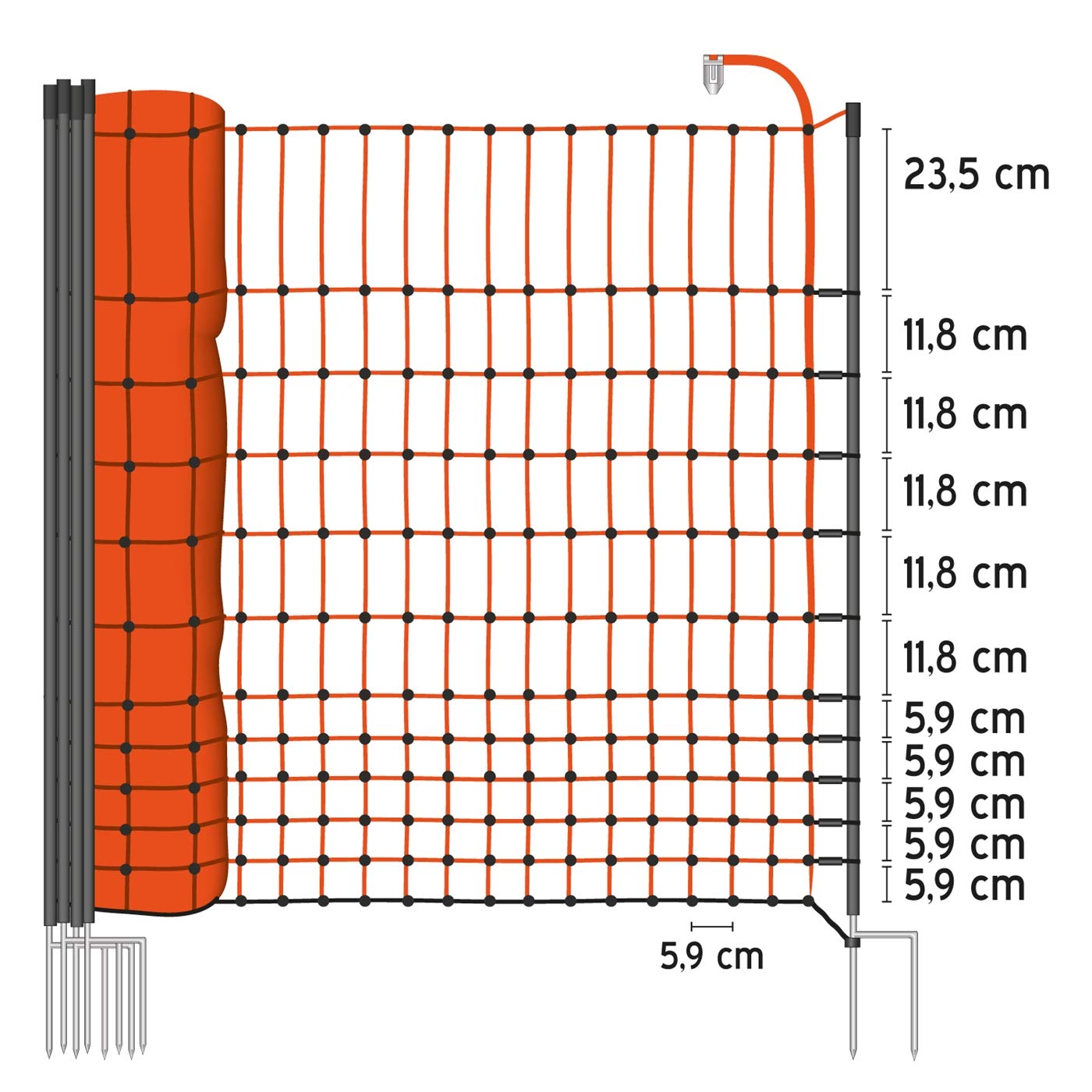 VOSS.farming Rete pollame farmNET+ 50 m “Premium”per recinzioni elettrificabili, 112 cm di Altezza, a Punta Doppia, Dotata di 20 Pali, Colore Arancione