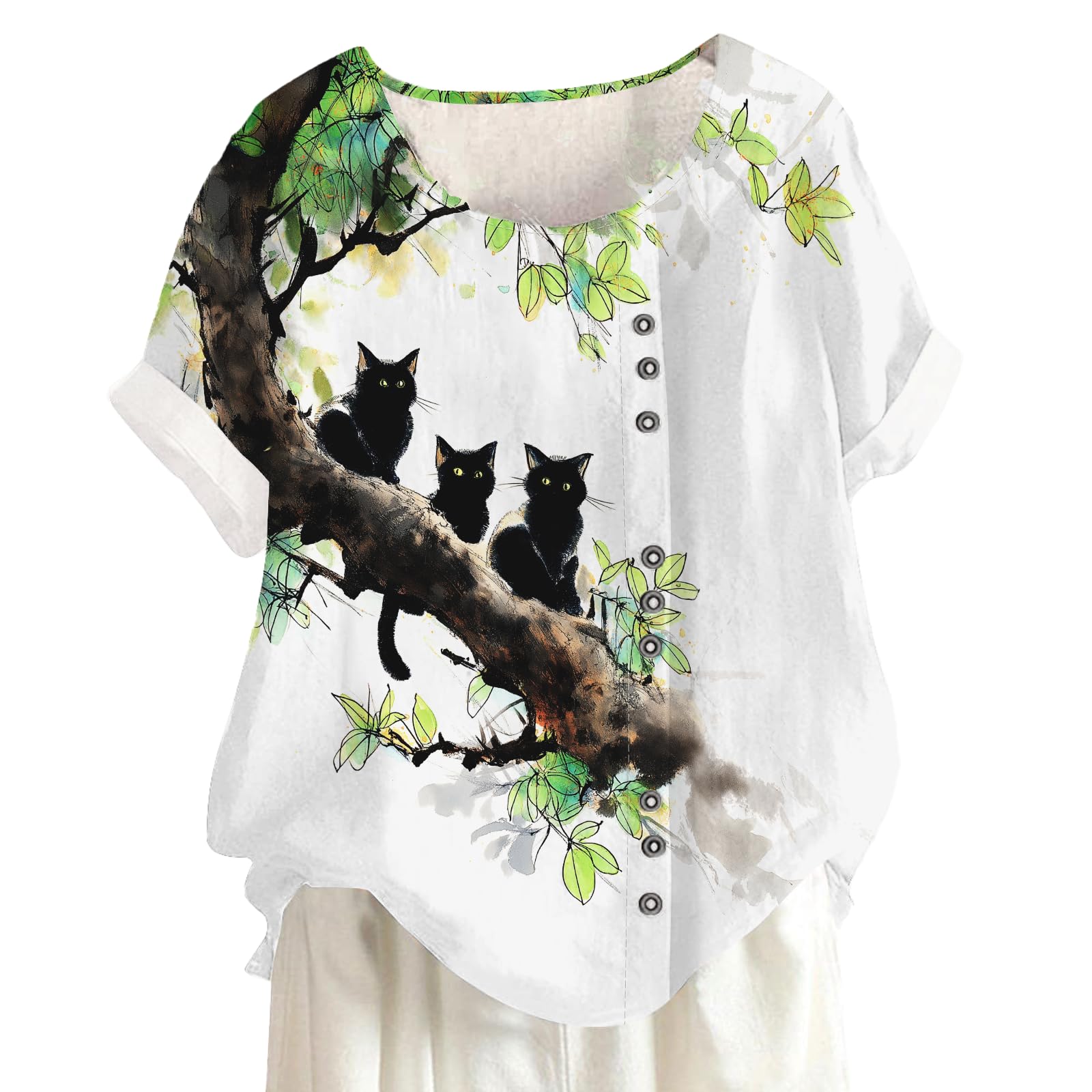 Japanese Cat Koi Graphic Shirt Fashion Short Sleeve Womens Casual Blouse Comfy Crewneck Pullover Tops Lightweight