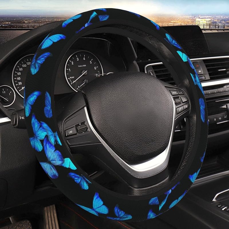 Capa para Volante Azul com Borboletas em Poliéster, Antiderrapante, para Carro, SUV, ATV e Caminhão — 38,1 cm