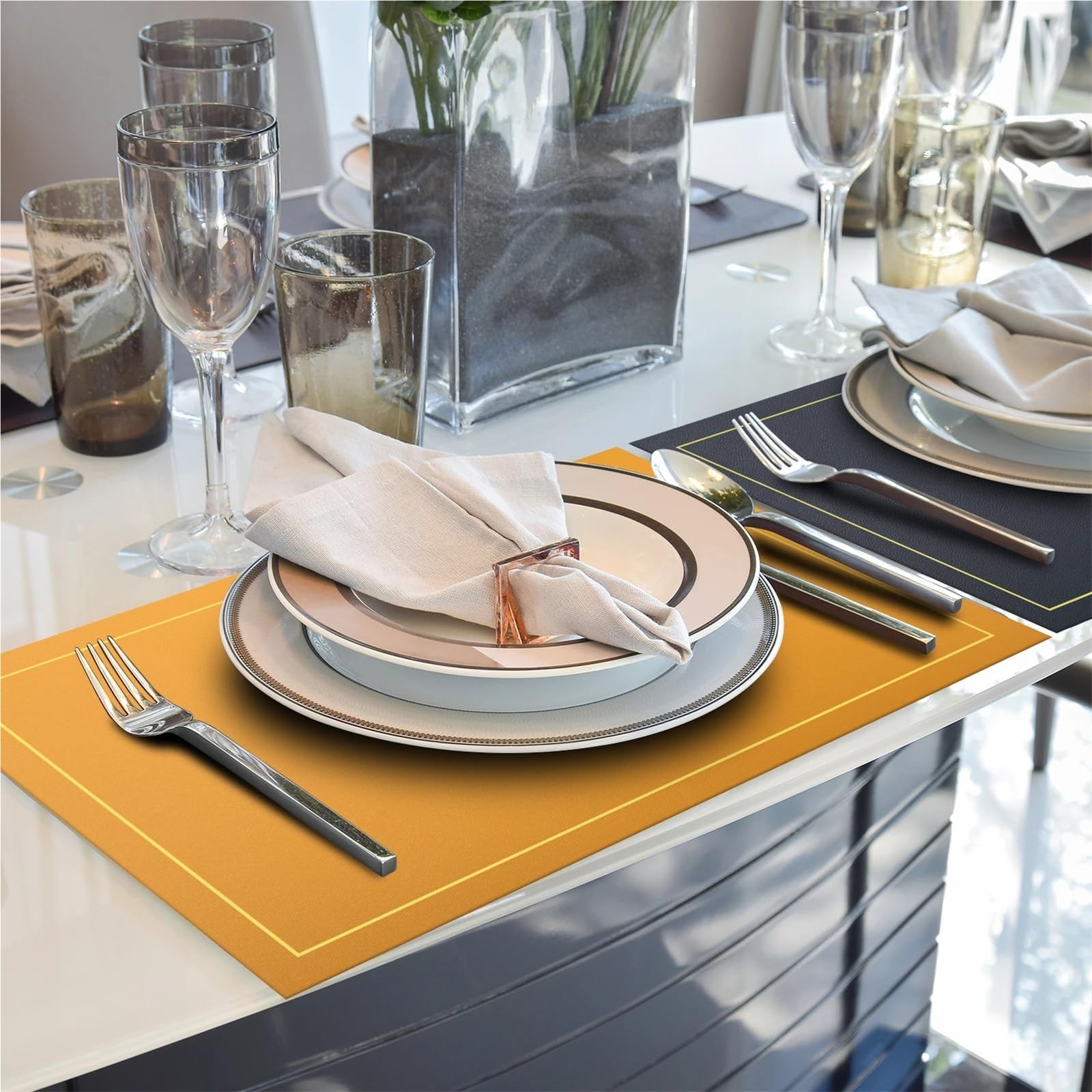 Faux Leather Placemats Lot de 4 Sets Table et Dessous Verre en Similicuir Double Face PU for décoration à Manger(Grey Green)