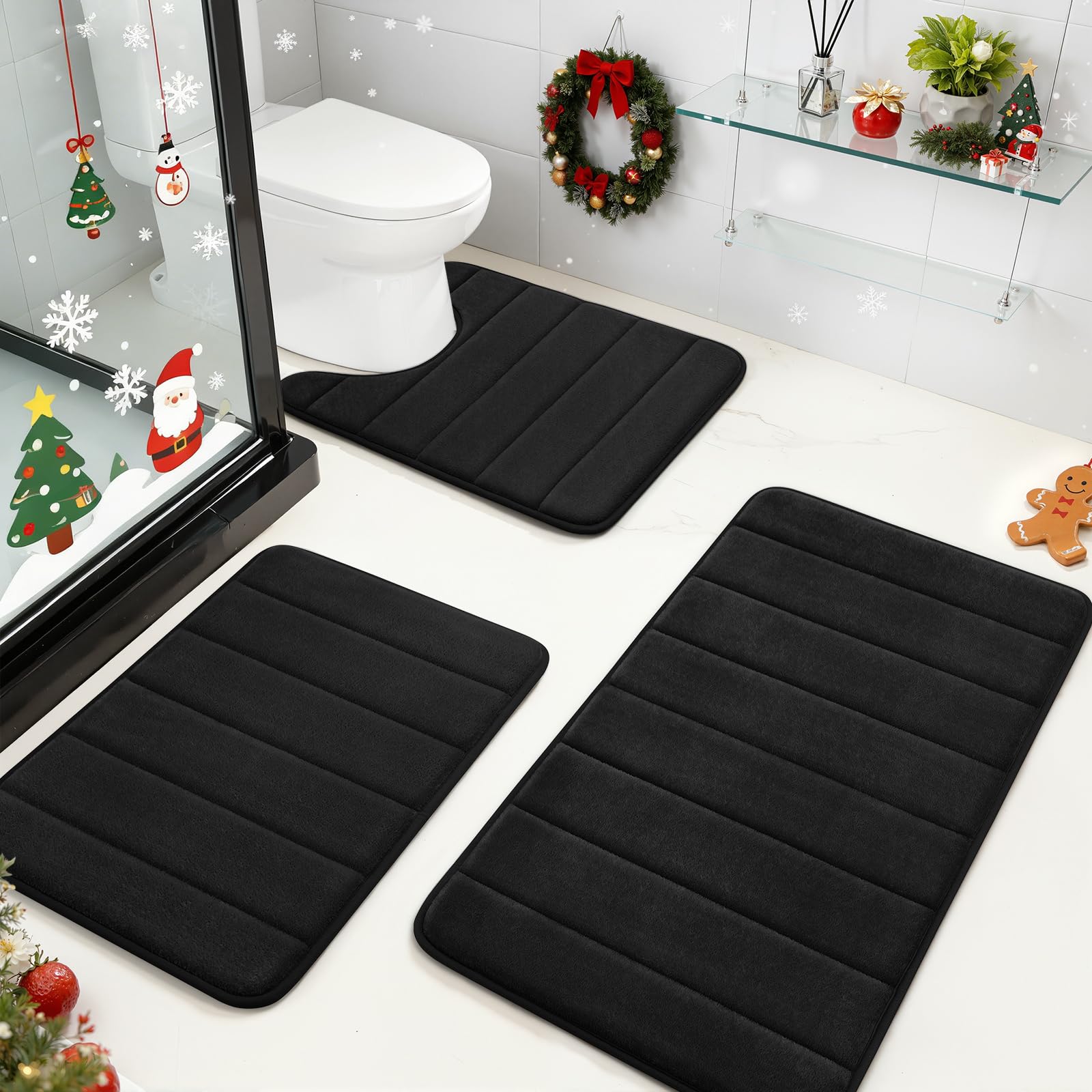 BYSURE Black Memory Foam Bathroom Rug Set 3 Piece, Non Slip Extra Soft Absorbent Washable & Dry Toilet Bath Mat Sets