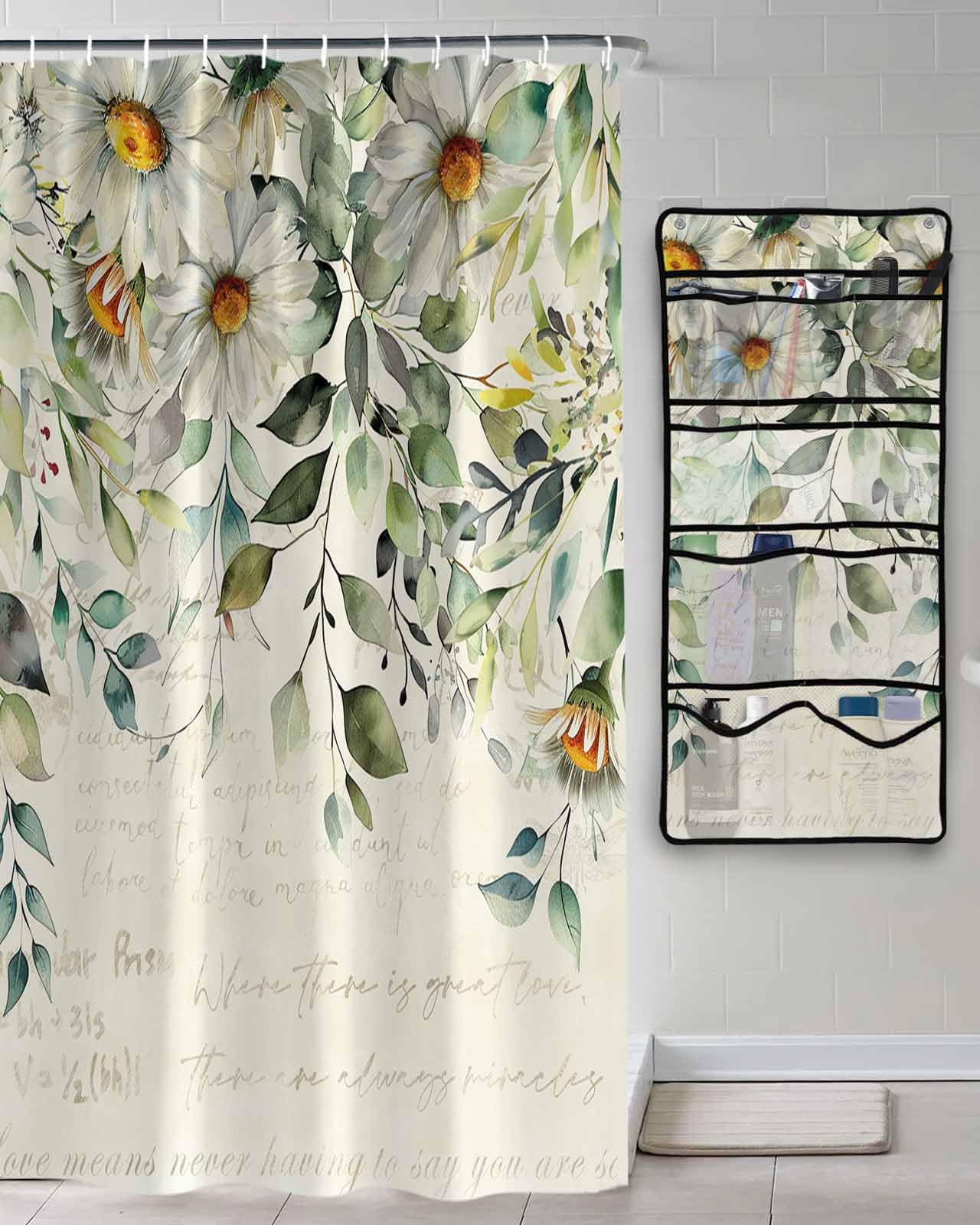 Decorative Shower Curtain Sets Eucalyptus Leaves Green Fabric Waterproof Shower Curtains Pastoral Style White Daisy Beige Mesh Shower