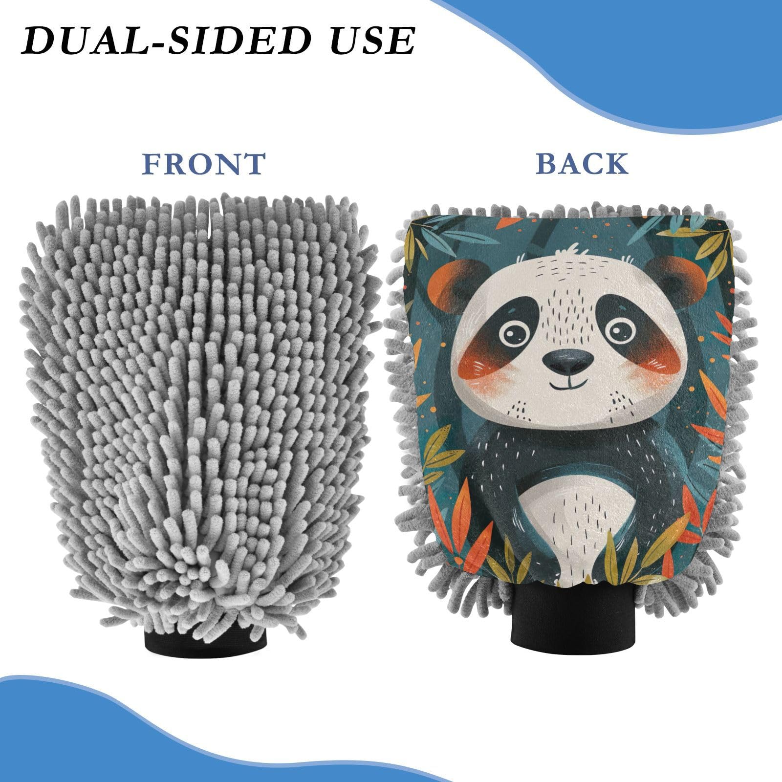 Kigai Lovely Panda Car Wash Mitt Microfiber, 2Pcs Scratch Free Lint-Free, Premium Chenille Microfiber Mitt Car Wash Brush-M