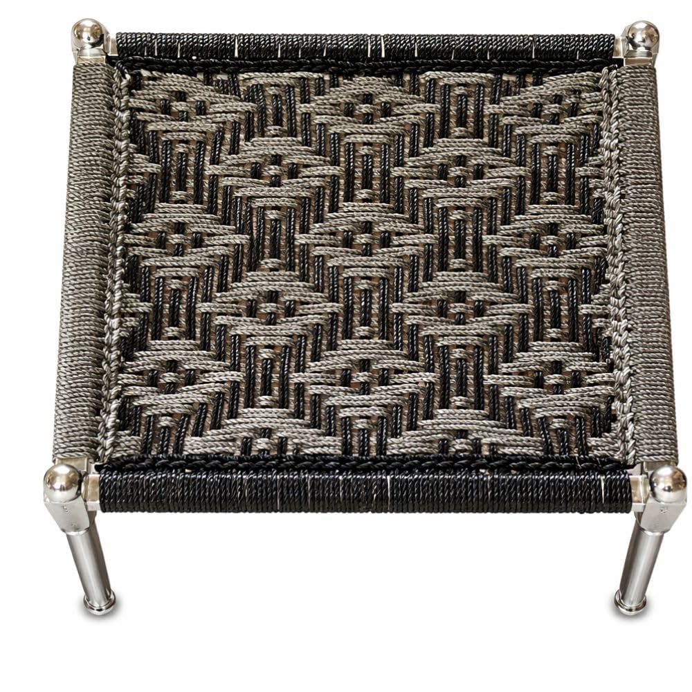 Venvintra Handwoven Rope Charpai Stool for Home and Outdoor Use with Metal Legs Traditional Low Height Seating for Living Room Balcony Patio and Multipurpose Daily Sitting Needs - Grey & Black 2