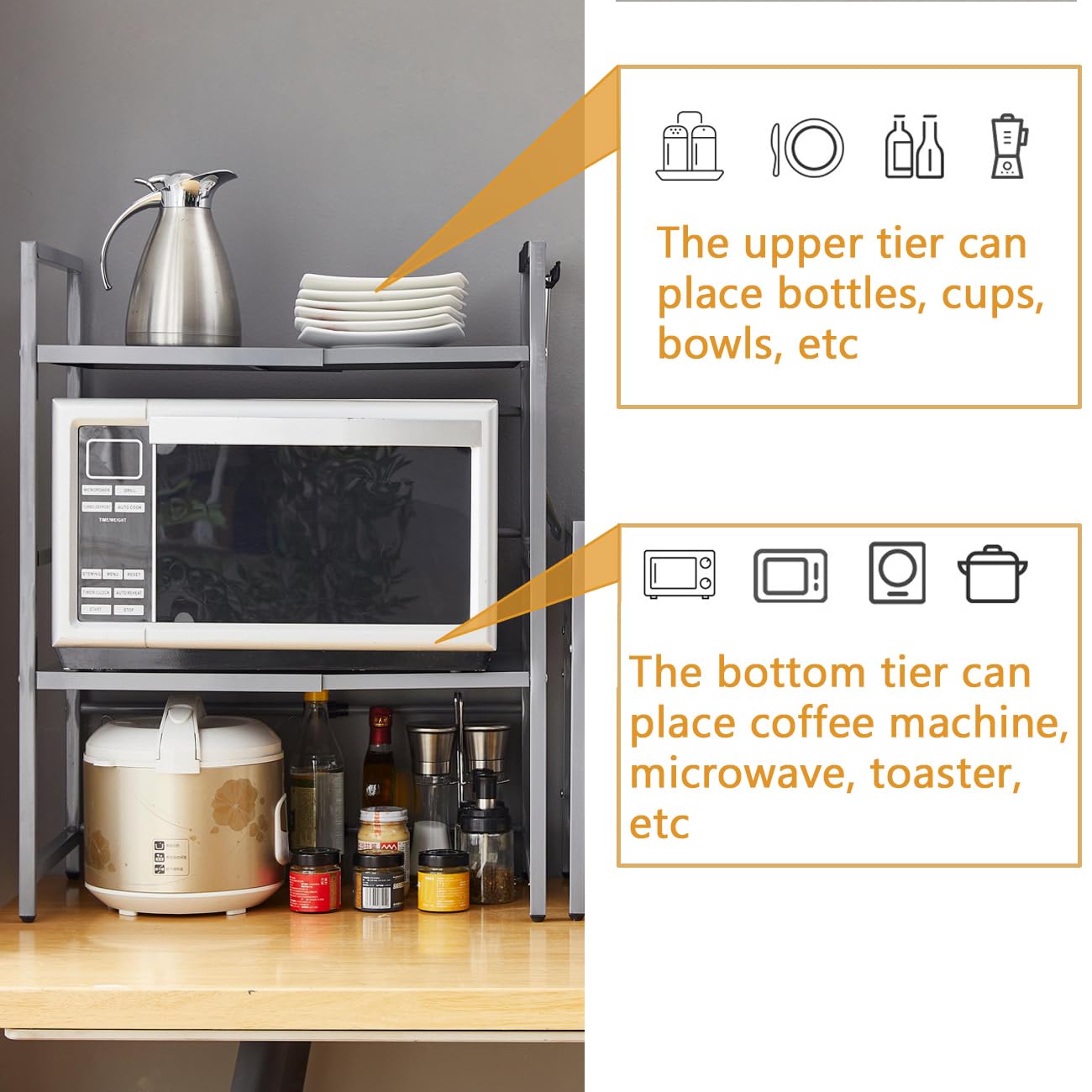 Scaffale espandibile per forno a microonde, organizer telescopico da cucina con 6 ganci, autoportante regolabile, resistente supporto per microonde, per pentole e padelle (grigio a 3 livelli)