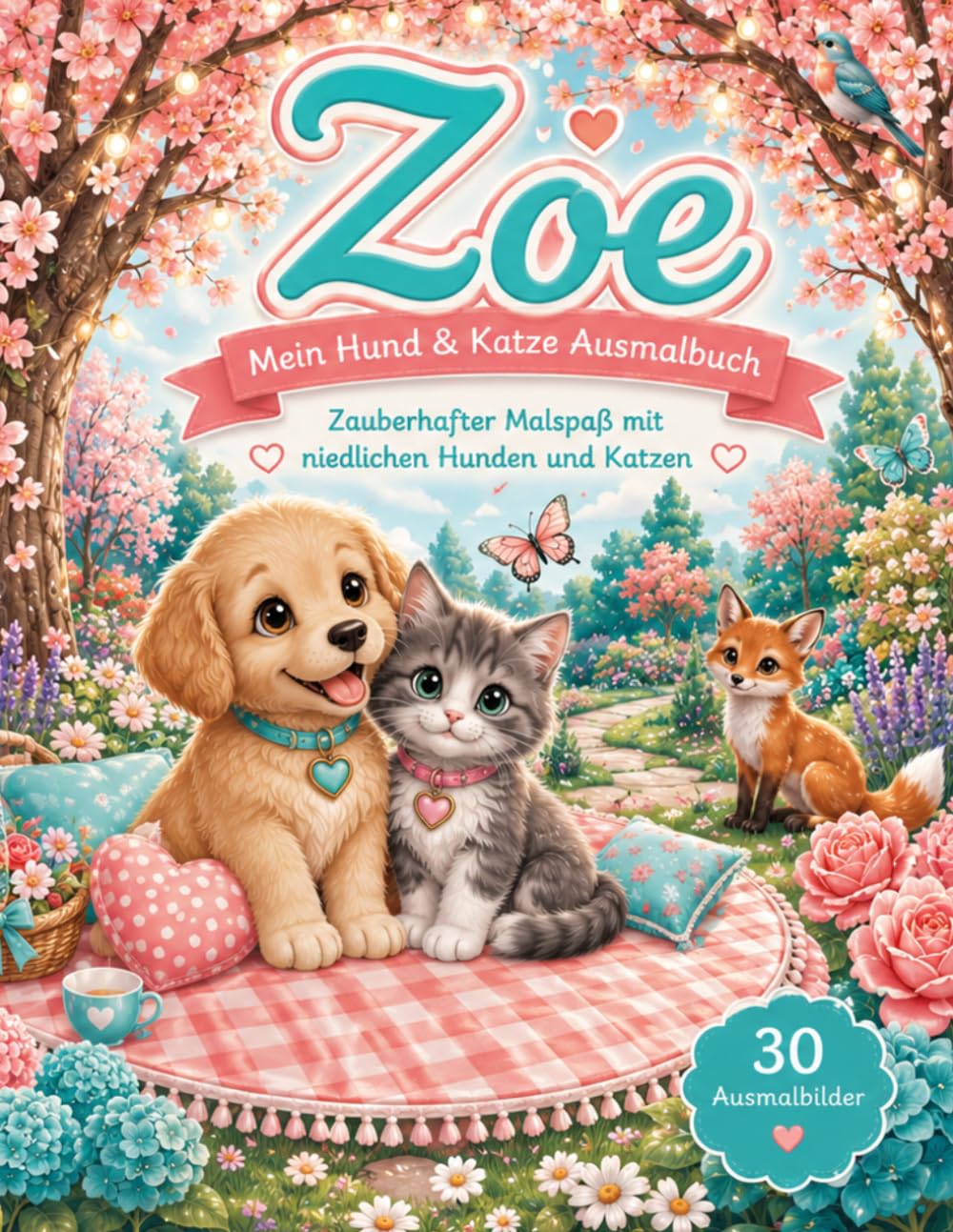 Zoe – Mein Hund & Katze Ausmalbuch: Personalisierter Malspaß mit niedlichen Hunden, Katzen und zauberhaften Gartenmotiven
