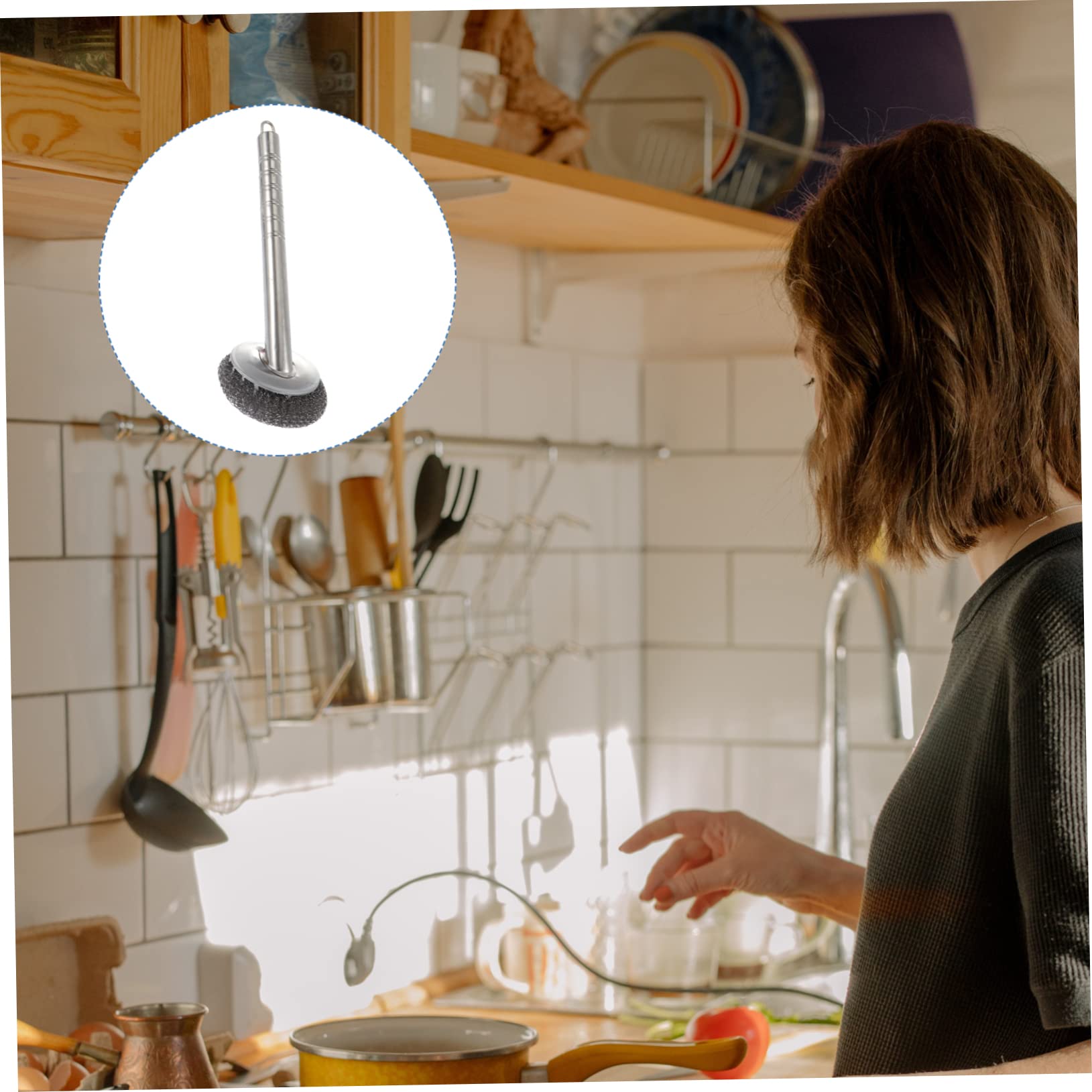 SEWOART 3 Pcs Steel Ball Brush Steel Scrubber Pads Pan Brush Wire Scrubbers Washer Steel Pot Brush Supplies Dish Pan for Sink Handle Cleaning Scourers Sink Scrubber Stainless Steel Silver