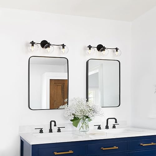 Miniatura 4 de Luces de tocador de granja para baño, lámparas de baño negras con pantallas de vidrio de globo transparente, 3 luces de pared de baño sobre espejo,