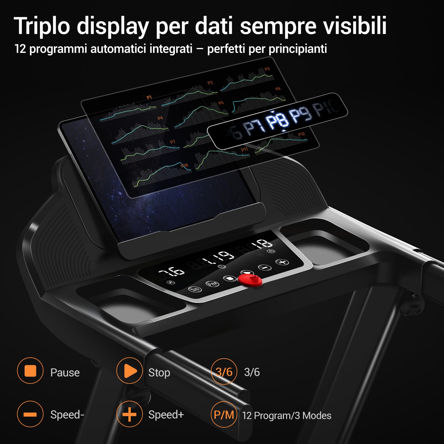 CURSOR Tapis Roulant Salvaspazio con Inclinazione 15% | Tapis Roulant Elettrico 12KM/H, Tapirulan Pieghevole da Casa con Motore da 3.0 HP e Display LED, Carico Massimo 136KG
