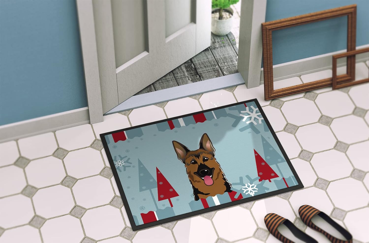Caroline's Treasures BB1707MAT Winter Holiday German Shepherd Doormat 18x27 Front Door Mat Indoor Outdoor Rugs for Entryway, Non Slip Washable Low Pile, 18H X 27W