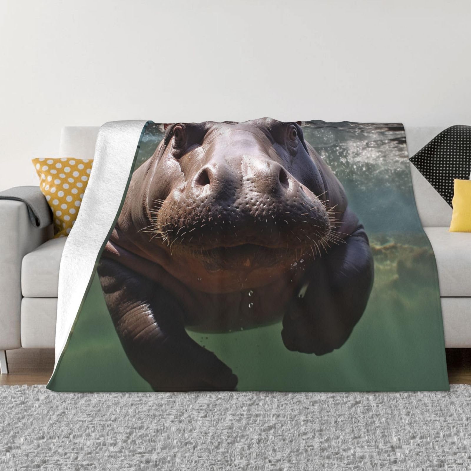 FodPand Diving Hippo Fleece Blanket 50"x40" Lightweight Warm Throw Blanket for Bed Couch Cozy Air Conditioning Quilt All Seasons Decorative Fuzzy Blankets Gifts for Women Men