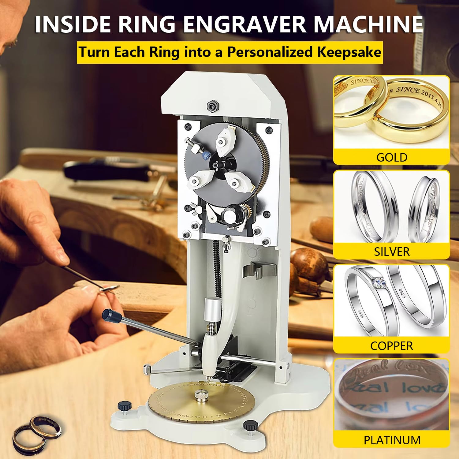 Grabador De Anillo Interior, Grabador De Anillo, con Placa De Grabado De Doble Cara Y Cabezal De Acero, Grabado por Vibración De Puntos, Autocentrado, Tamaño De Fuente De 1,5-2,0 Mm