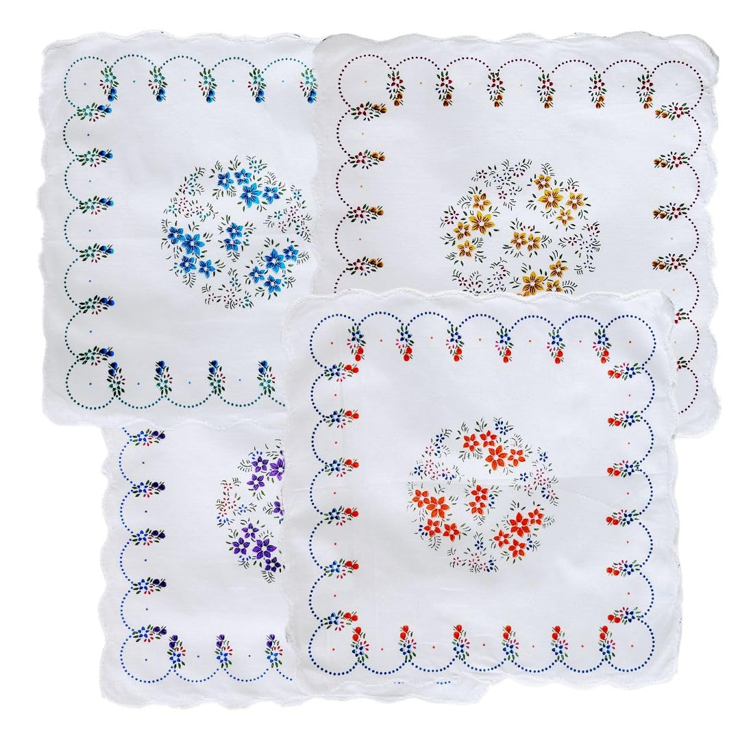 Women's 100% Cotton Floral Handkerchief with Embroidered Scallop Cutwork Border | Soft Absorbent Ladies Hanky | White Multicolor Flower Print | 30 x 30 cm | D9-6-image-49
