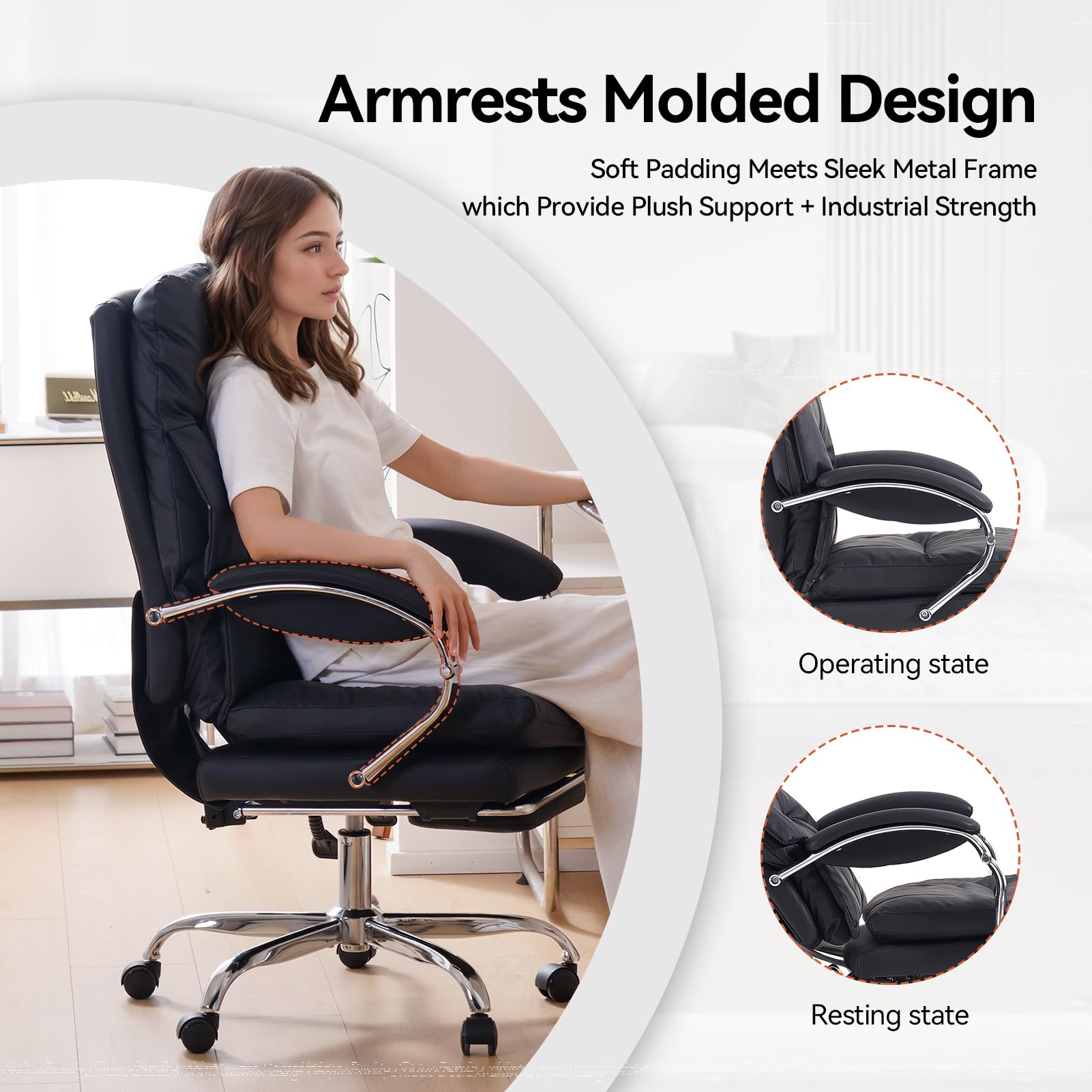 EMIAH Sedia da Ufficio Direzionale con Poggiapiedi, Comoda Sedia Scrivania con Braccioli, Poltrona Ufficio Ergonomica Reclinabile in Pelle PU con Ruote, Sedia per Computer con Cuscino Ispessito, Nero