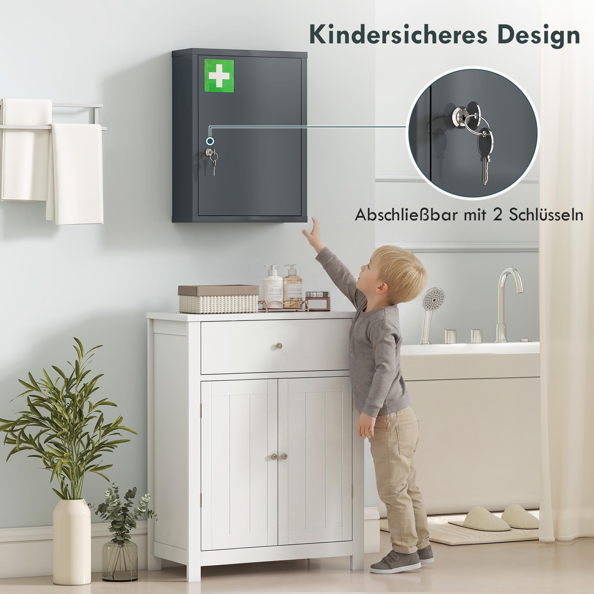 kleankin Armoire Pharma Verrouillable 3 Compart. 40x15x53.5cm Gris Anthr.