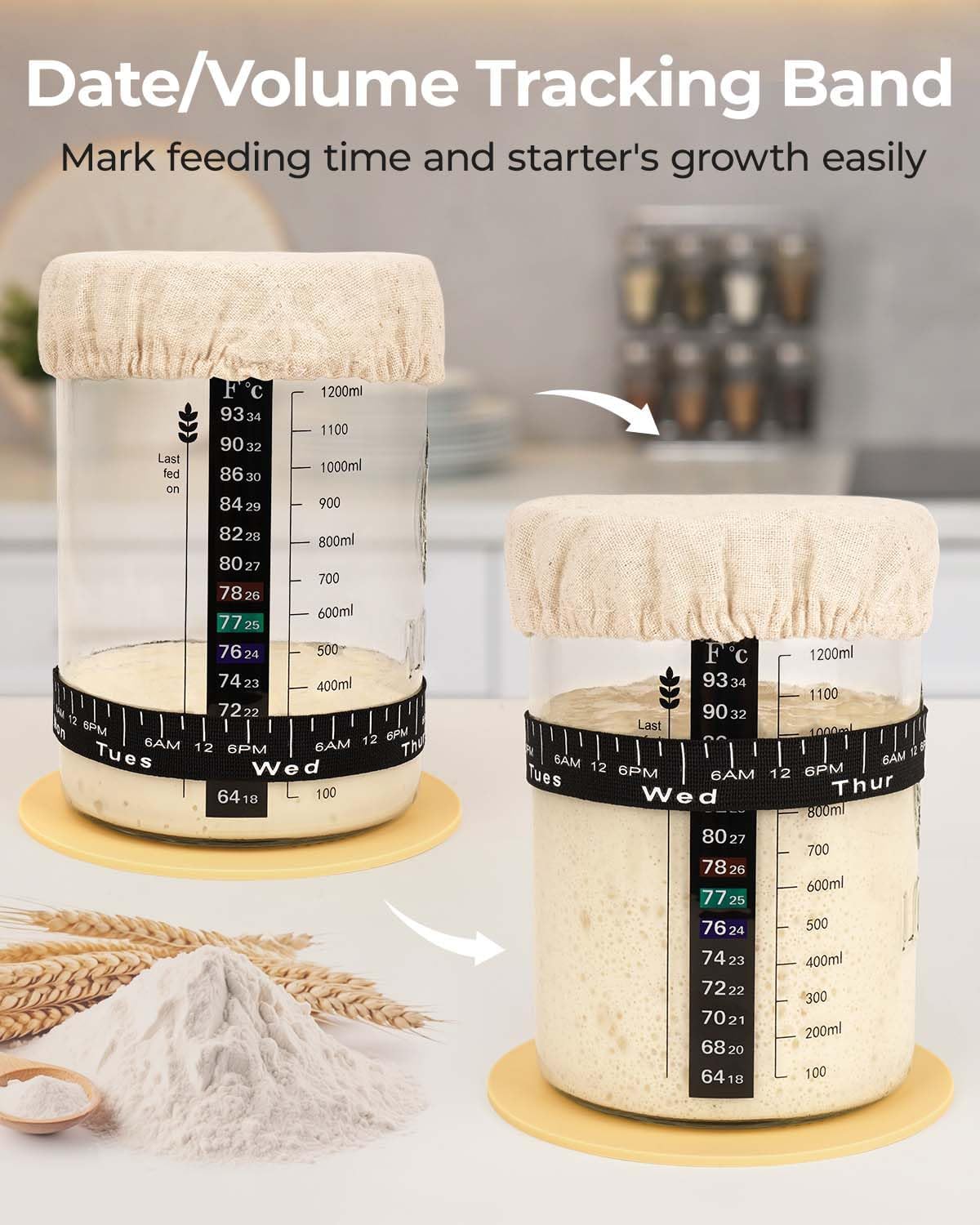 Sourdough Starter Jar Kit - 47 oz Large Wide Mouth Bread Starter Jar with Feeding Tracking Band, Silicone Spatula, Sourdough Bread Baking Supplies - Image 4