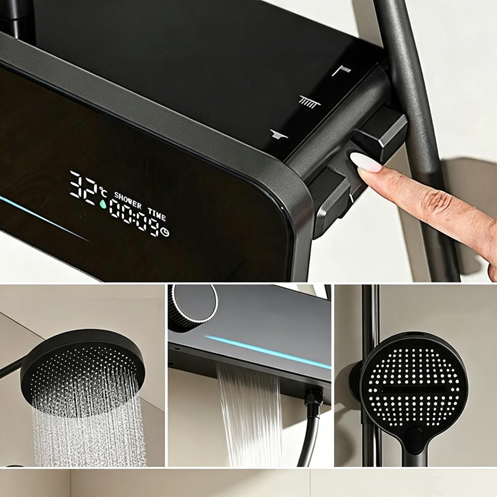 Colonna Doccia Pianoforte Altezza Regolabile Grigio Canna di Fucile | Kit Doccia a Muro con Soffione Doccia Rotondo Regolabile e Cascata e Doccetta