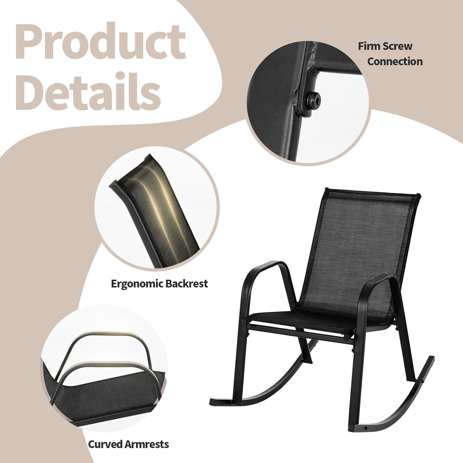 Tangkula Patio Rocking Chair Set of 2, Outdoor Ergonomic Rockers with Breathable Fabric Seat, Gentle Rocking Function, Sturdy Metal Rocker for Front Porch, Backyard, Garden